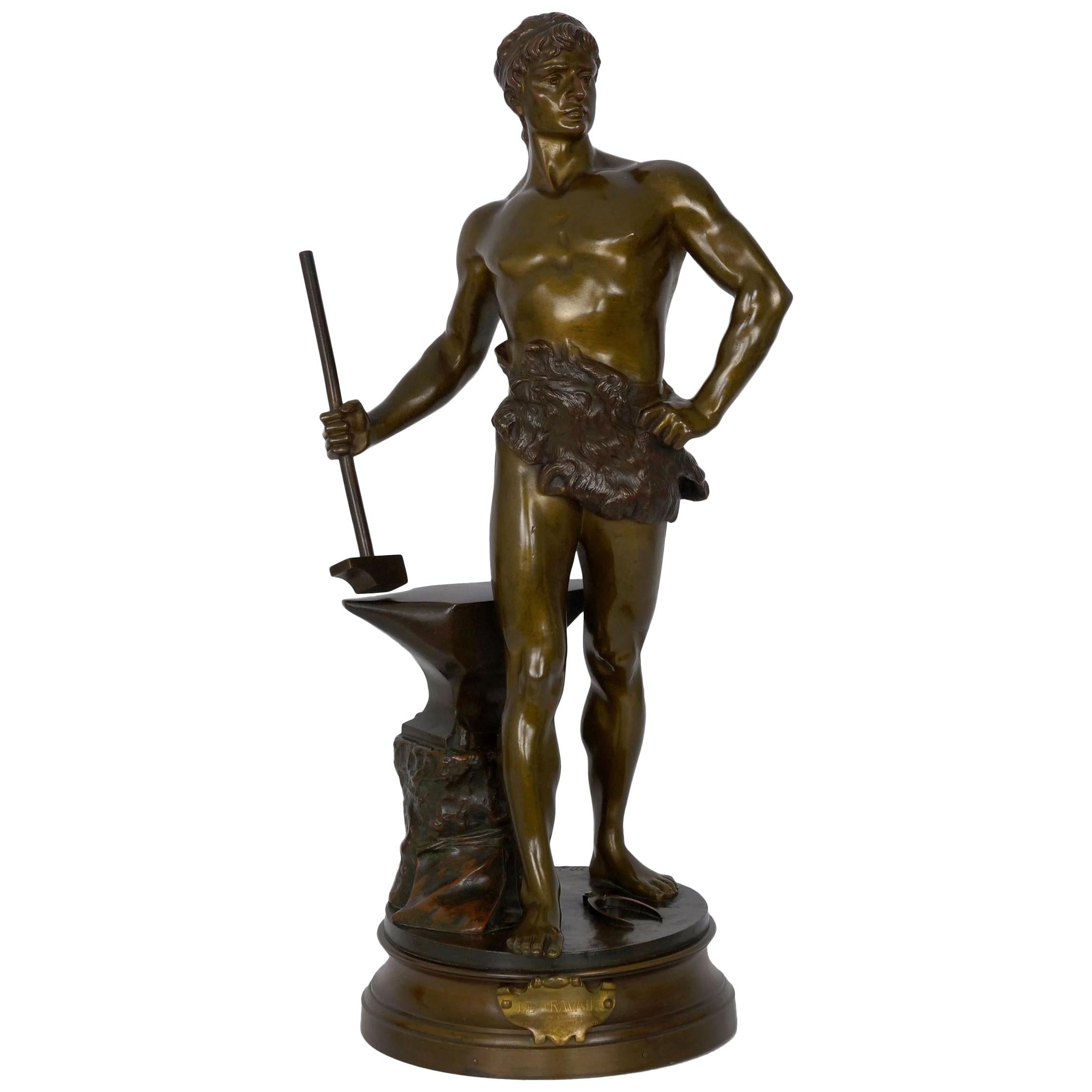 “Le Trevail” French Antique Bronze Sculpture of Blacksmith by Maurice Constant