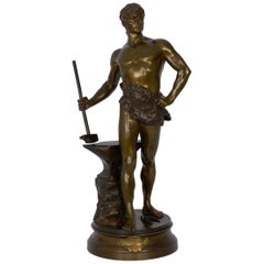 "Le Trevail" Sculpture française en bronze ancien d'un forgeron par Maurice Constant