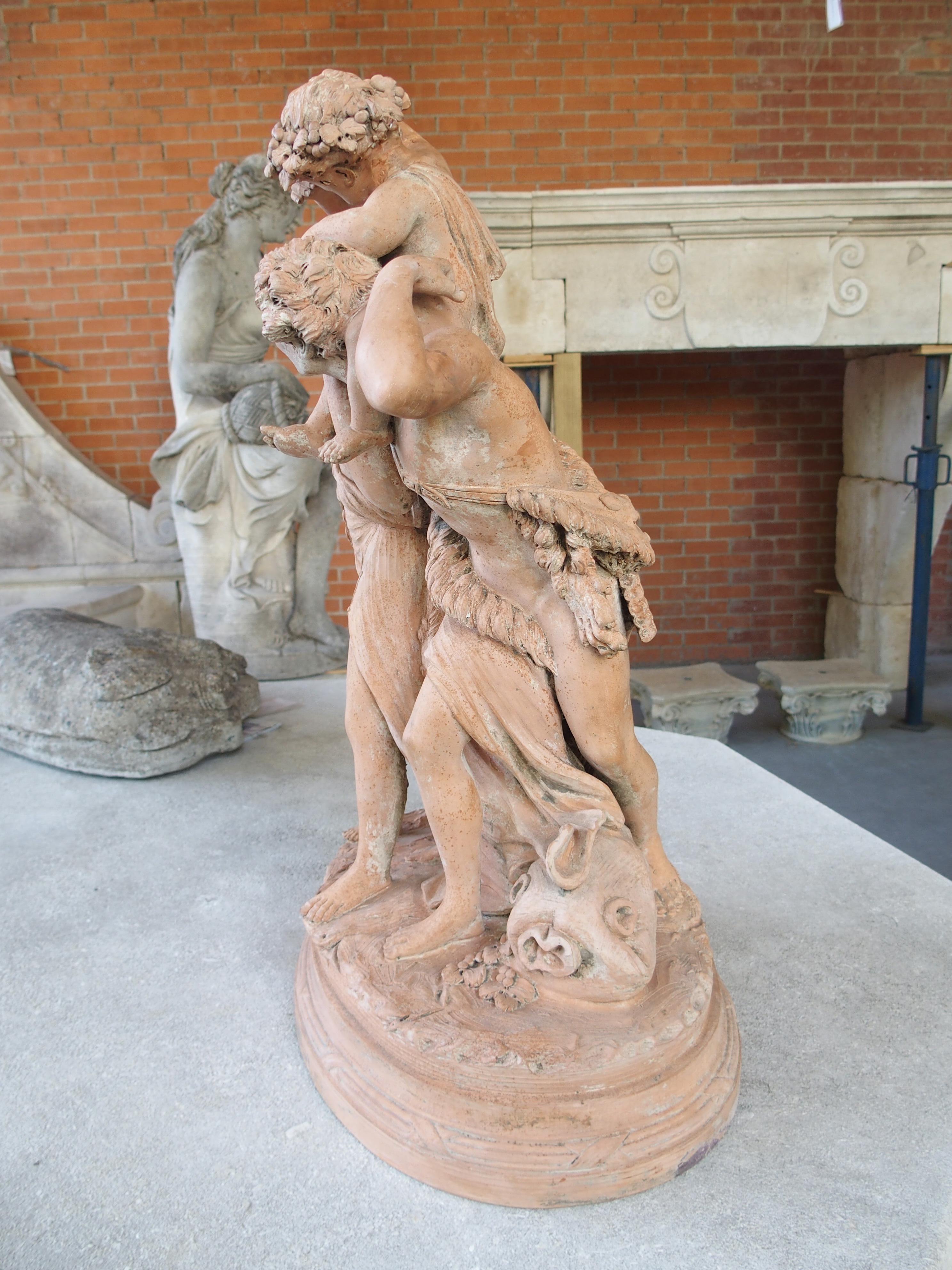 More information coming soon…

Entitled Le Triomphe de Bacchus (The Triumph of Bacchus), this terra cotta sculpture from the 1800s is after Claude Michel, aka Clodion.  The grouping depicts Bacchus and Ariadne, side by side, with a lion pelt and