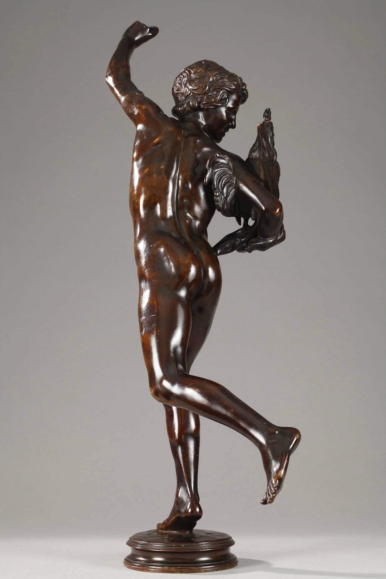 Patinated bronze sculpture titled Le vainqueur du combat de coqs (The Cock Fight Winner) by Alexandre Falguie`re (1831-1900). Signed on the base: A. Falguie`re. Foundry mark: Thie´baut fre`res (Paris, 1885-1894).

 Alexandre Falguie`re was trained