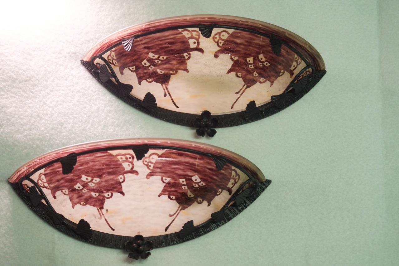 Art Deco Le Verre Francais Cameo Glass Pair of Sconces For Sale