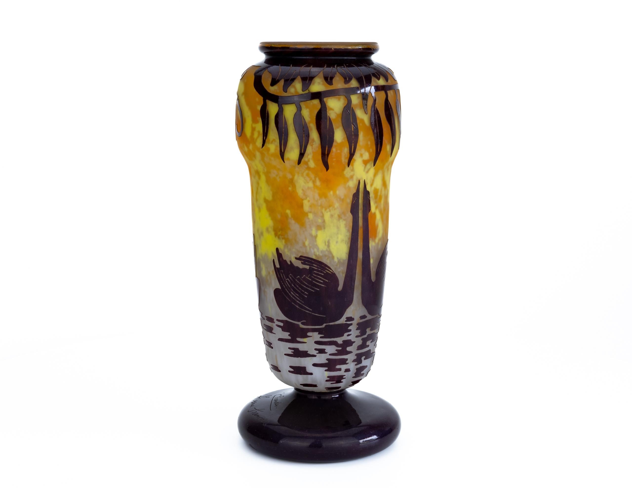 Etched Le Verre Français / Charder – Cygnes vase – 1927 / 1929 For Sale