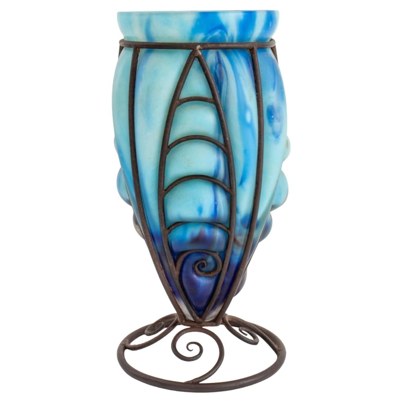 Le Verre Francais Glass & Wrought Iron Vase, 1920s