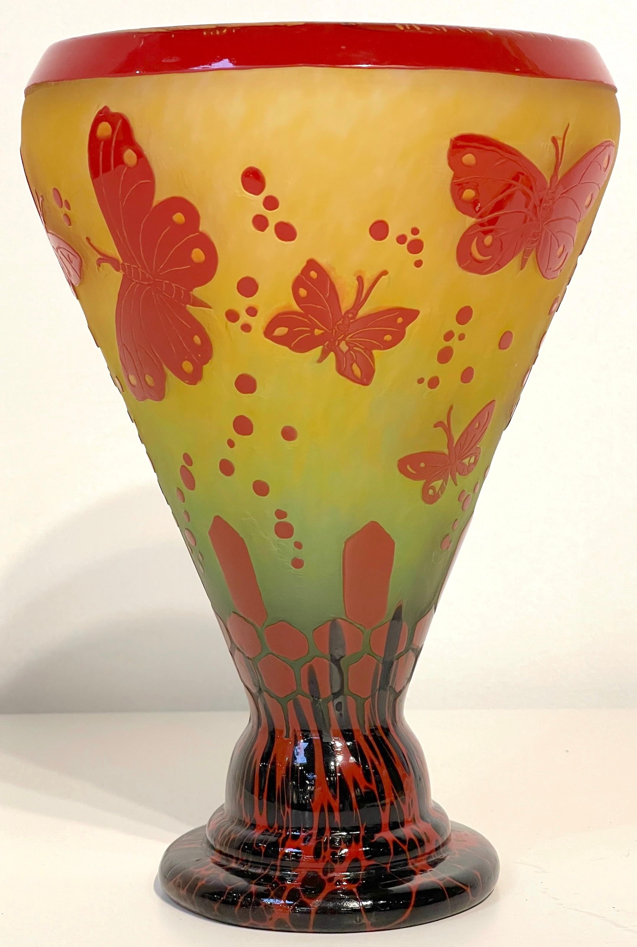 Art Deco Le Verre Francais 'Papillons' French Cameo Art Glass Vase For Sale
