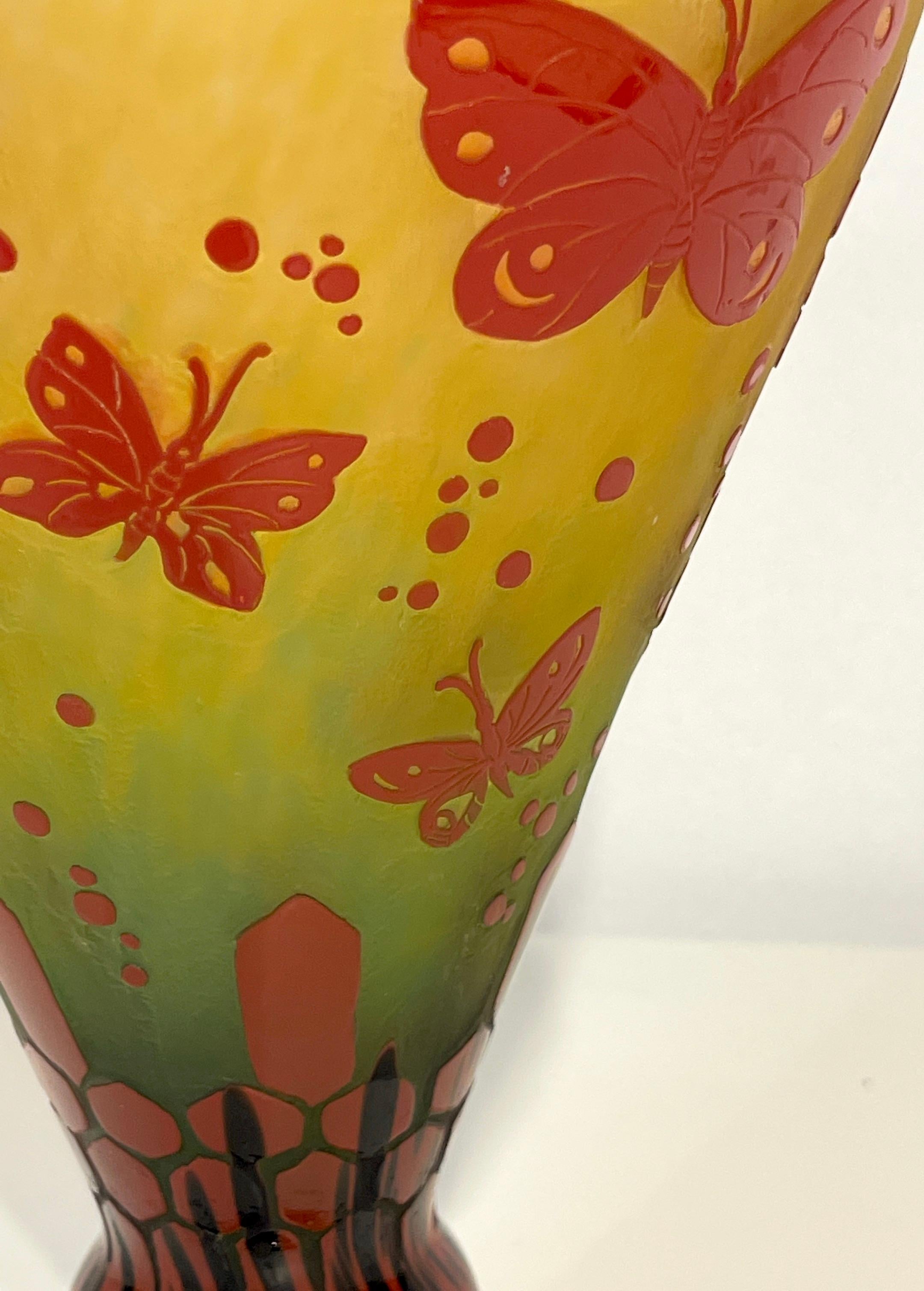 20th Century Le Verre Francais 'Papillons' French Cameo Art Glass Vase For Sale