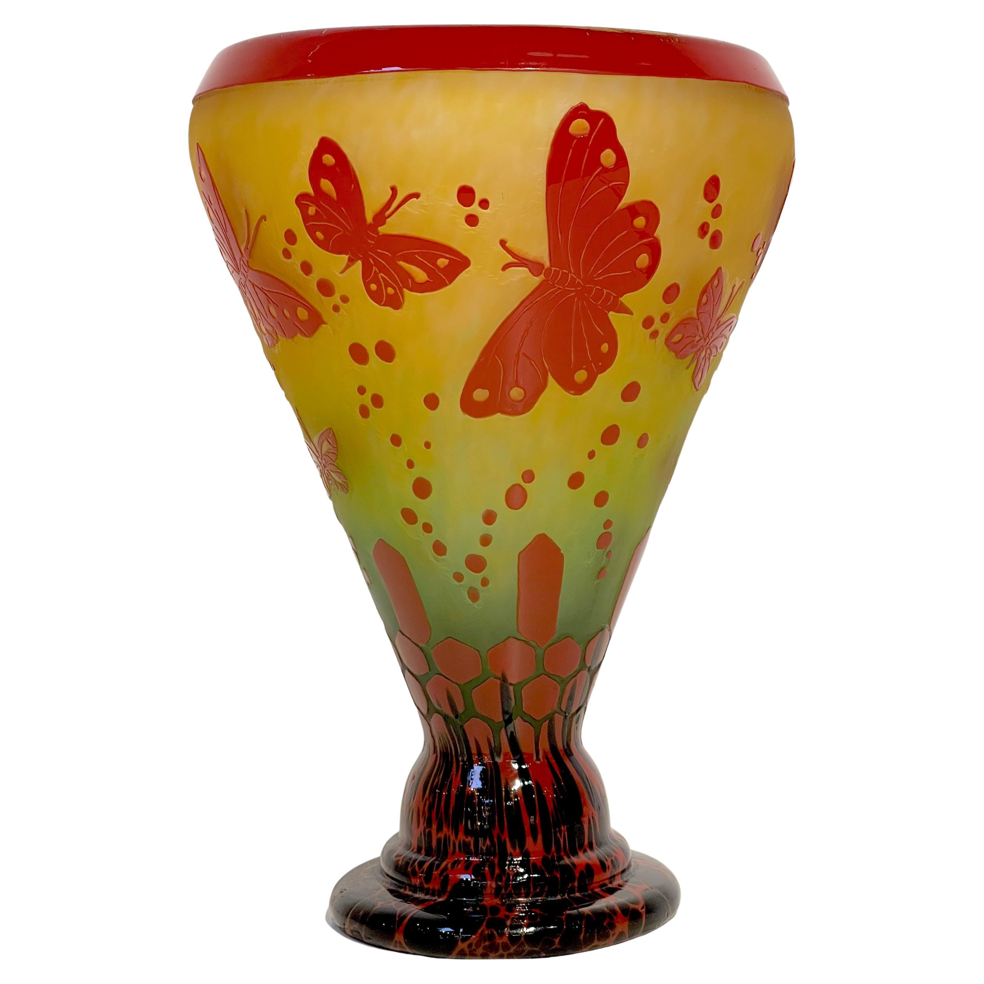 Le Verre Francais 'Papillons' French Cameo Art Glass Vase For Sale