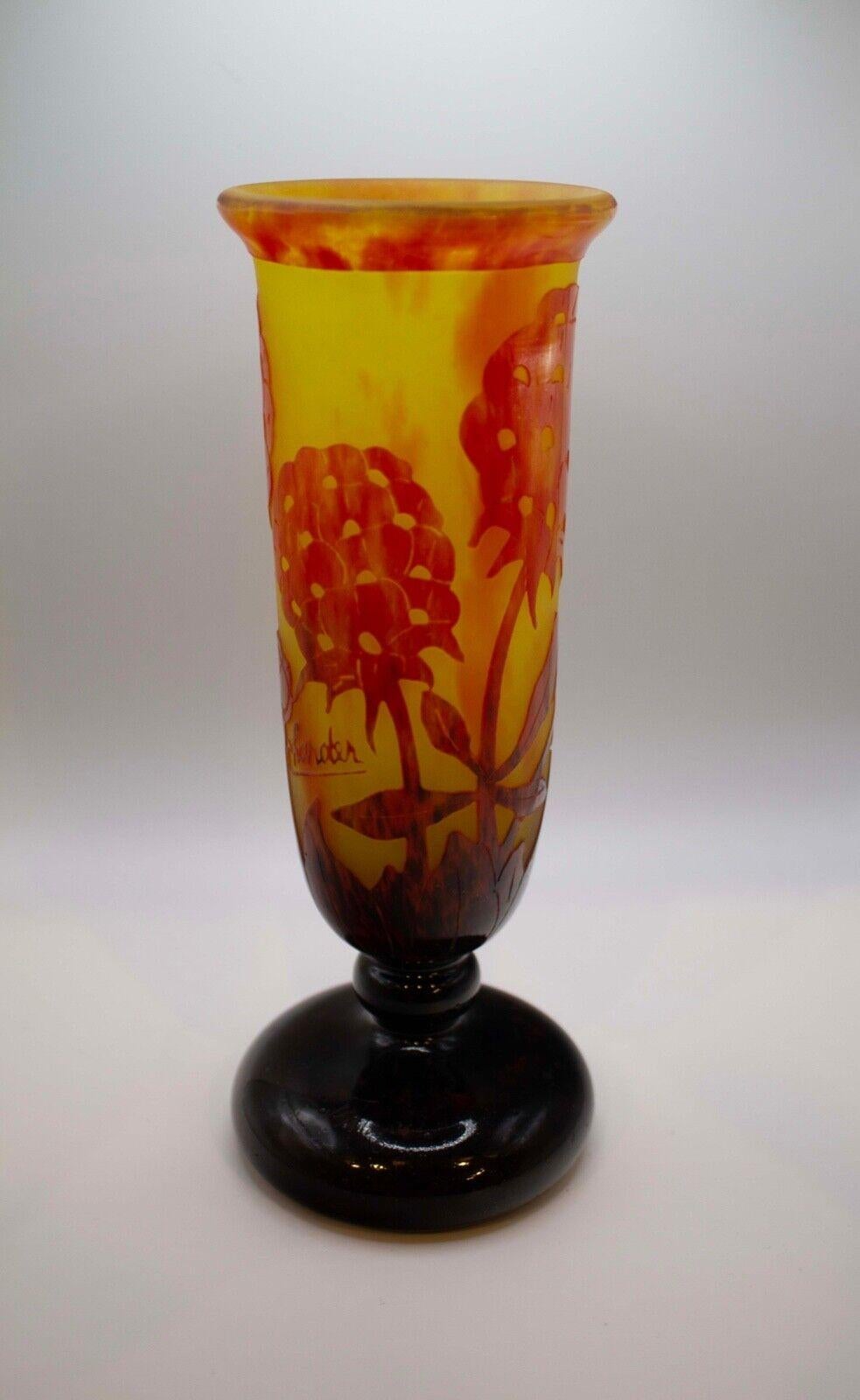 French Le Verre Francais Pivoines Vase Art Nouveau Acid Etched Cameo Glass Floral For Sale