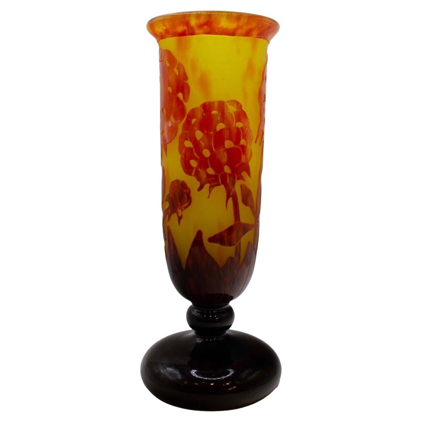 Le Verre Francais Pivoines Vase Art Nouveau Acid Etched Cameo Glass Floral For Sale