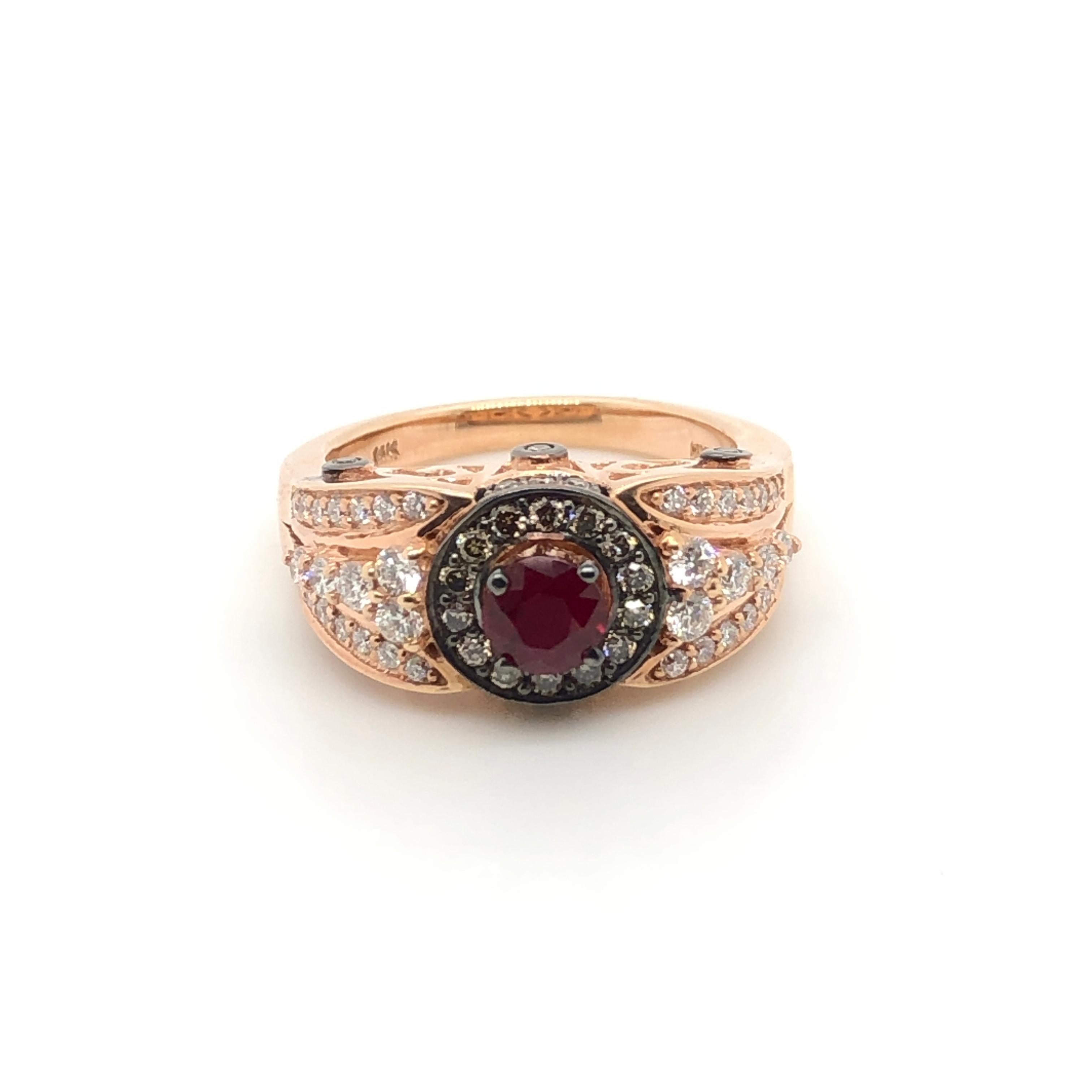 This Le Vian Bridal ring in 14k rose gold stands out with its 1/2 carat Ruby center surrounded by 1/4 ct t.w. Chocolate Diamonds and 1/2 ct t.w. Vanilla Diamonds. 
Ring Size: 7