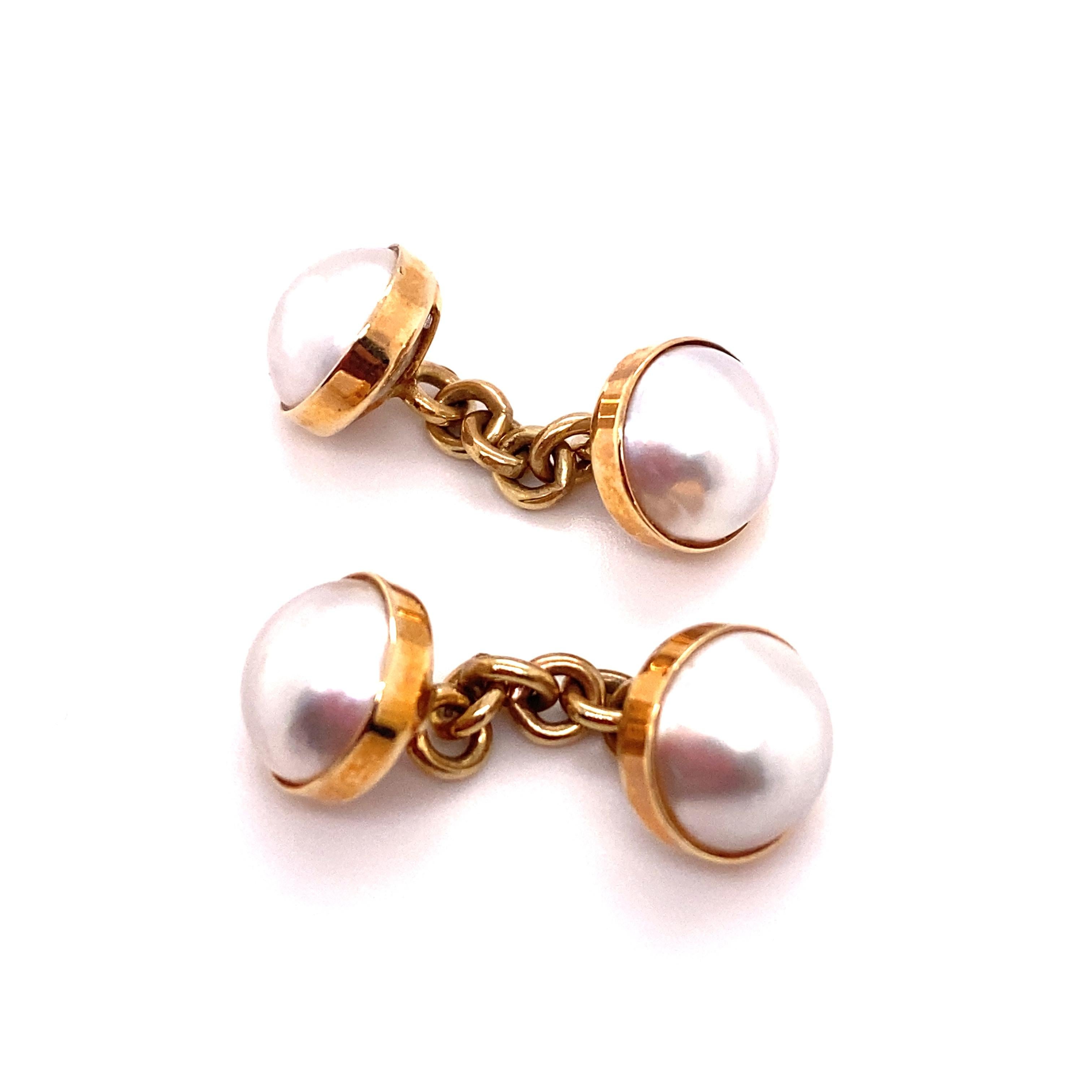Art Deco Le Vian Mabe Pearl Chain Cuff Links in 14K Gold For Sale