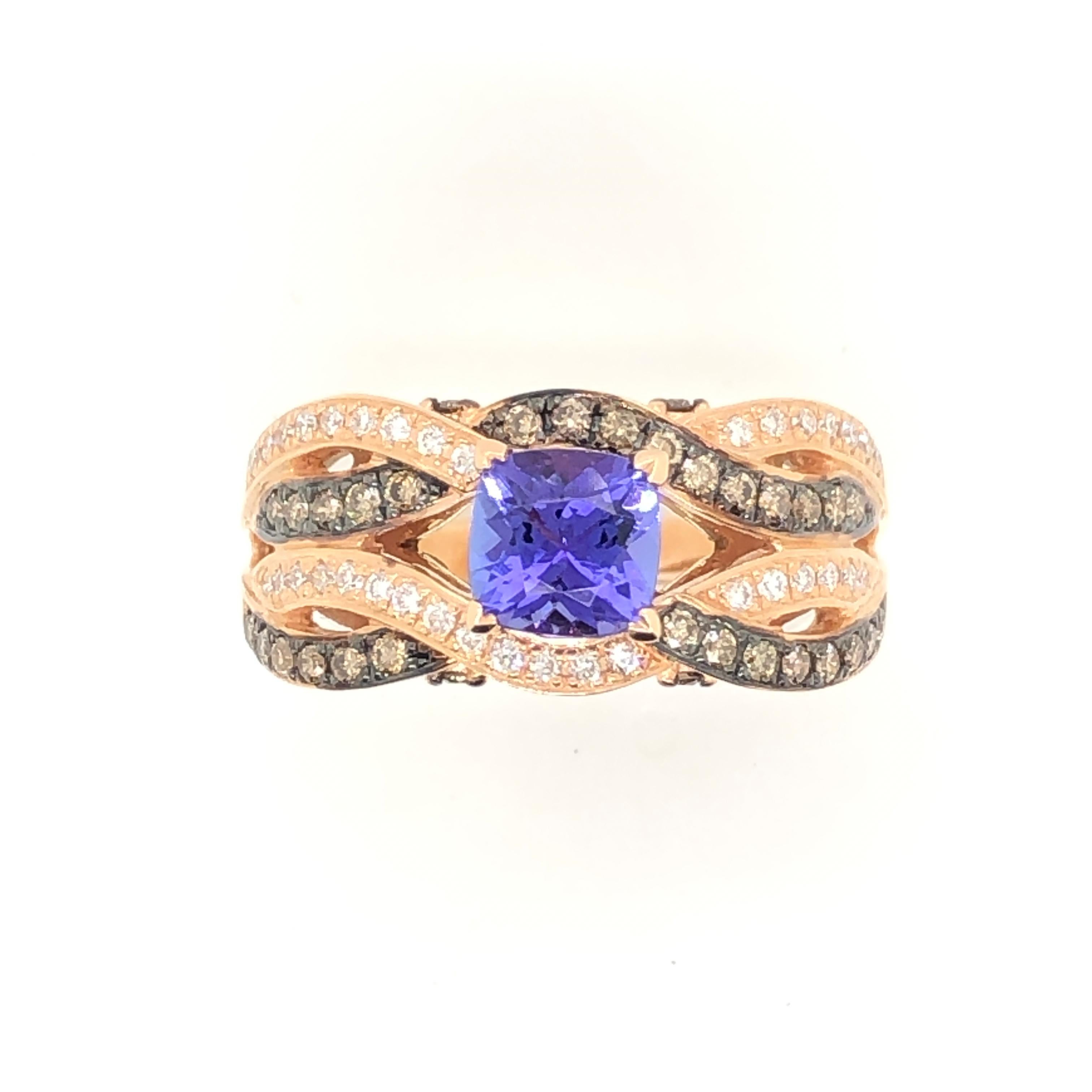 Round Cut Le Vian 1.125 Carat Tanzanite Rose Gold Bridal Ring For Sale