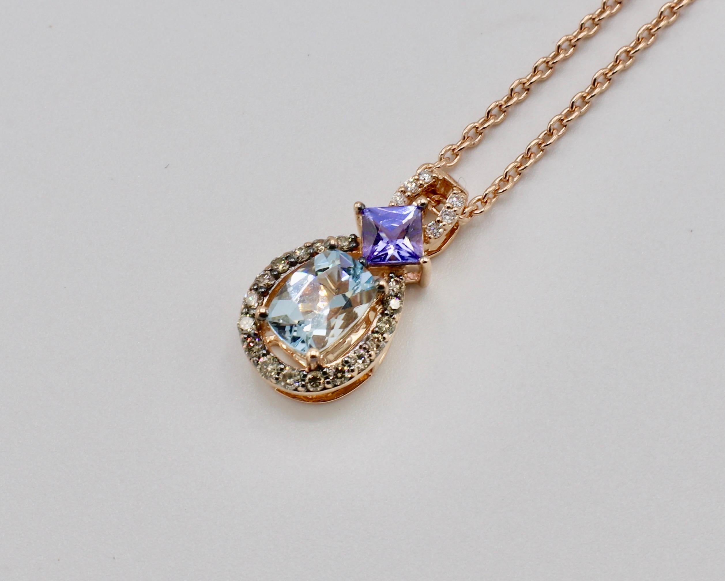 Modern Le Vian 14 Karat Rose Gold Aquamarine, Tanzanite and Diamond Pendant Necklace