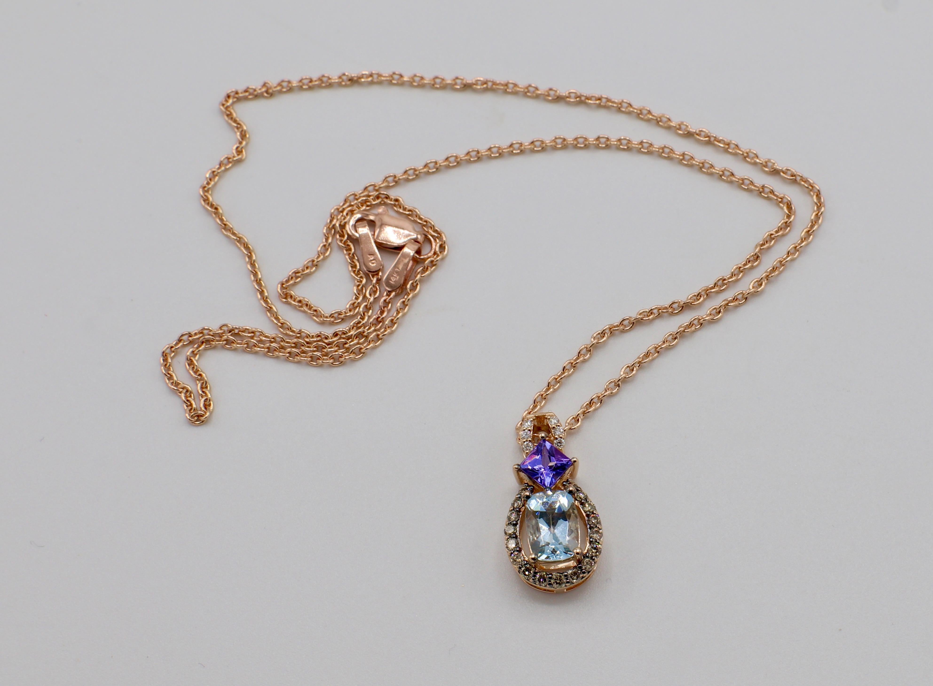 Oval Cut Le Vian 14 Karat Rose Gold Aquamarine, Tanzanite and Diamond Pendant Necklace
