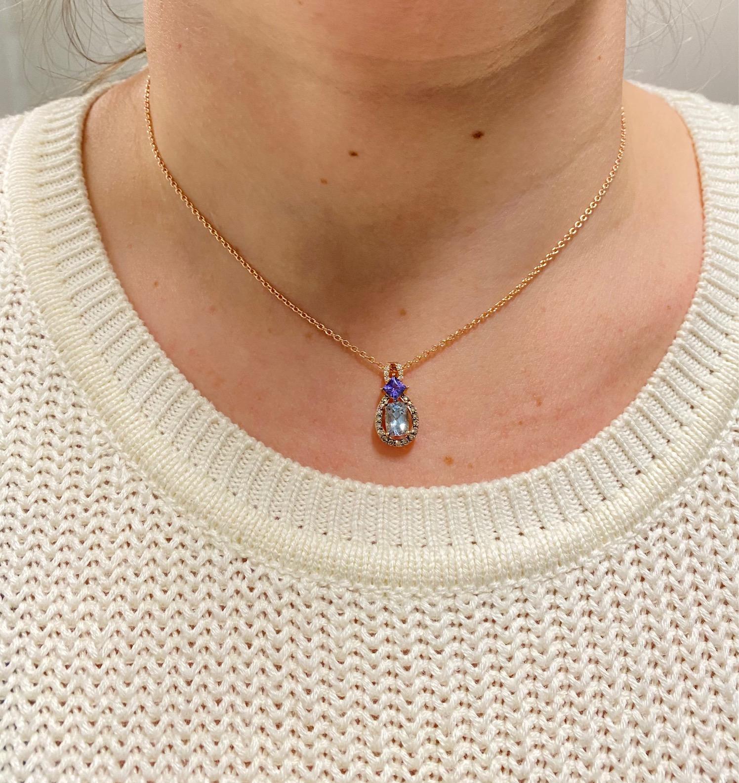 Le Vian 14 Karat Rose Gold Aquamarine, Tanzanite and Diamond Pendant Necklace In Excellent Condition In  Baltimore, MD