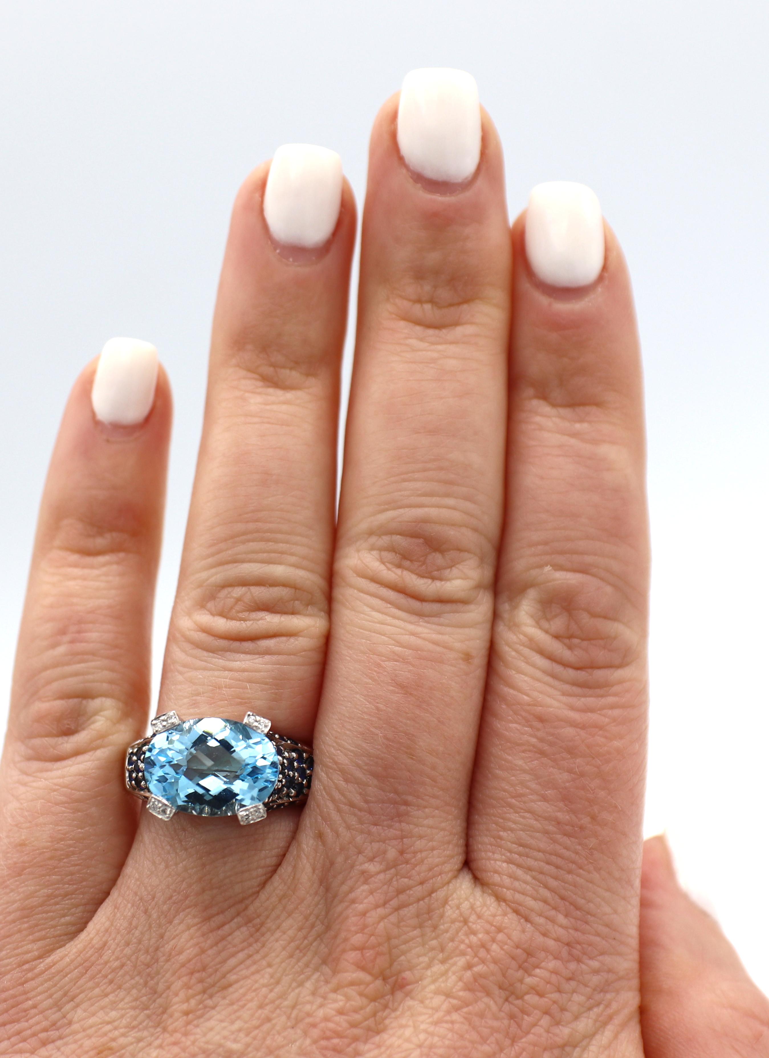 Women's or Men's Le Vian 14 Karat White Gold Blue Topaz & Sapphire & Diamond Cocktail Ring