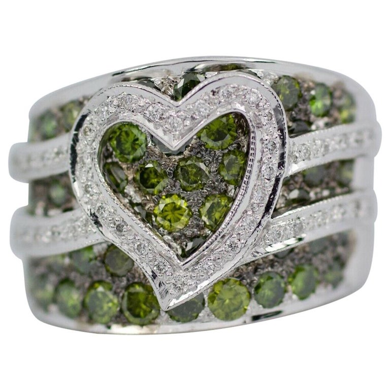 Le Vian 14 Karat White Gold Green Diamond and White Diamond Heart Shape Ring For Sale