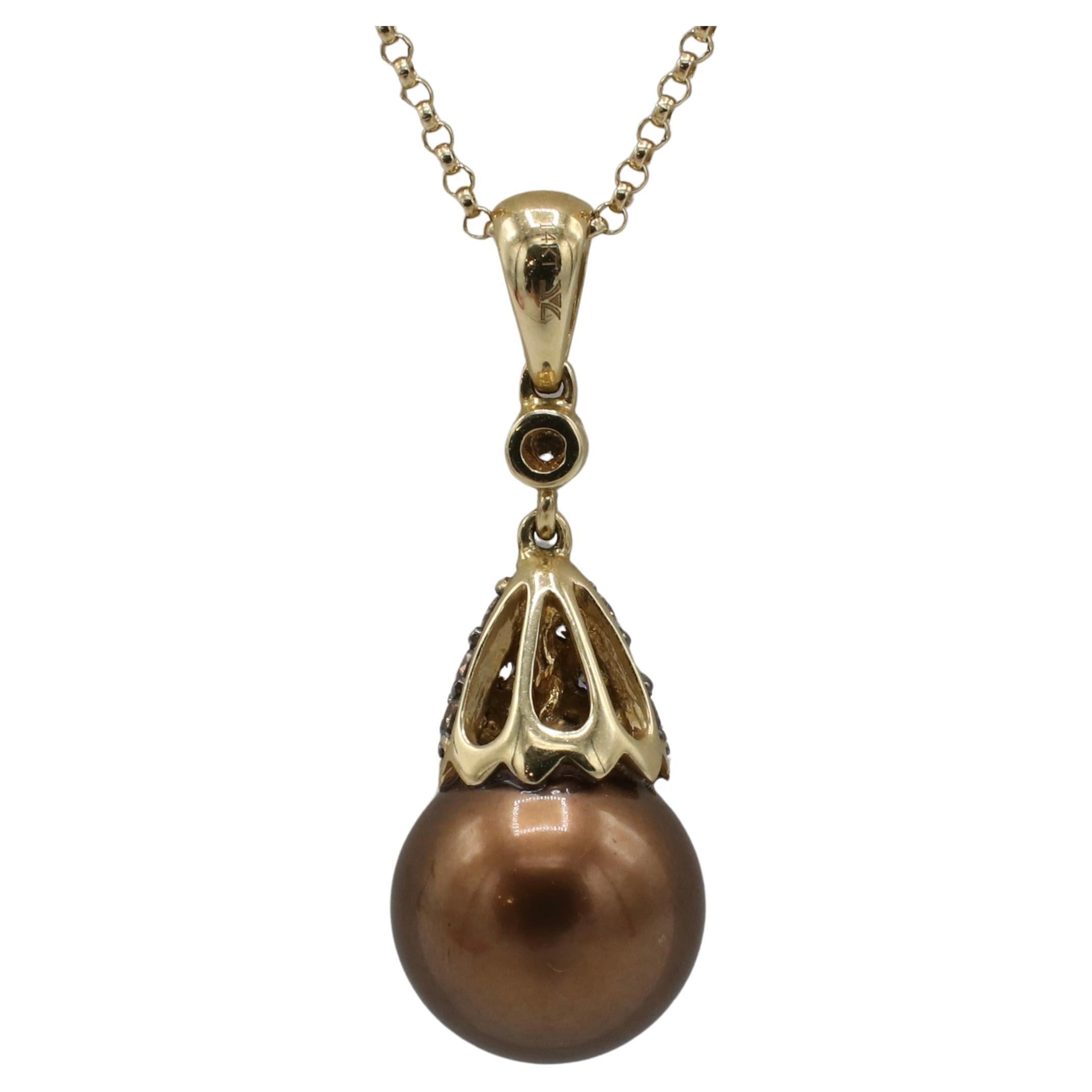 Modern Le Vian 14 Karat Yellow Gold Brown Pearl & Natural Diamond Pendant Drop Necklace For Sale
