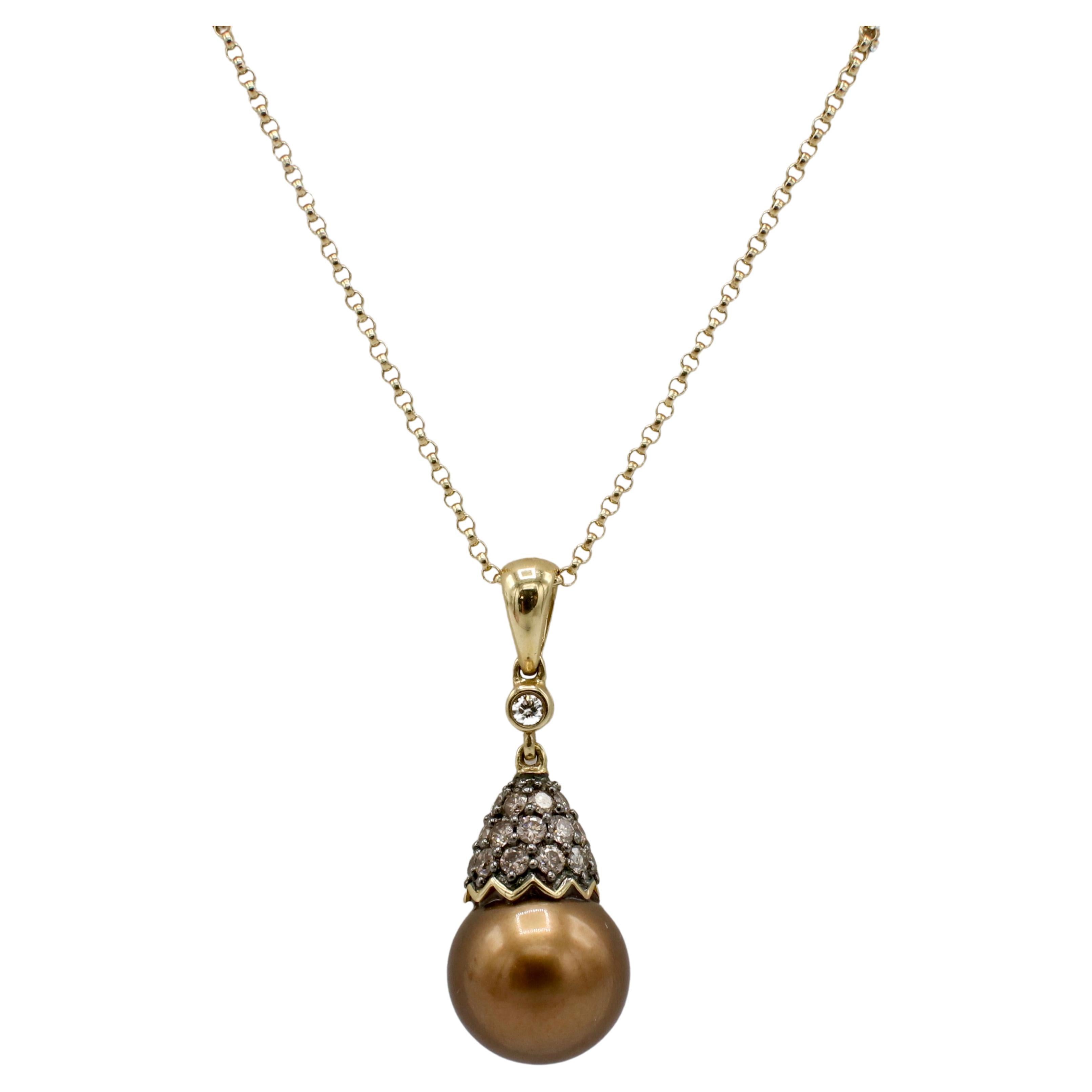 Le Vian 14 Karat Yellow Gold Brown Pearl & Natural Diamond Pendant Drop Necklace For Sale
