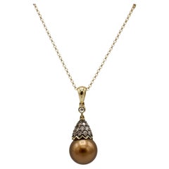 Le Vian 14 Karat Gelbgold Brown Perle & natürlicher Diamant Anhänger Tropfen Halskette