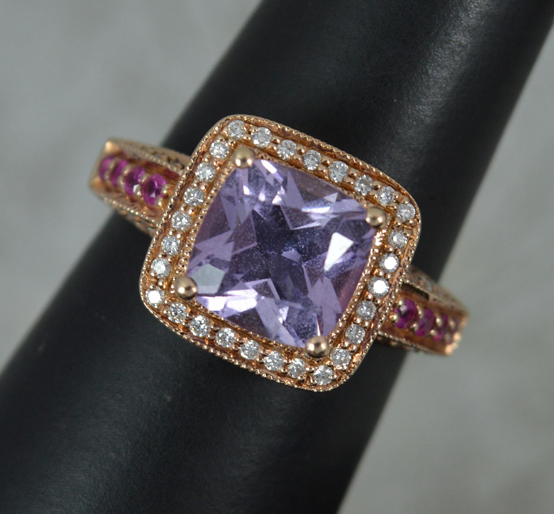 Le Vian 14ct Rose Gold Amethyst Diamond and Ruby Cluster Engagement Ring For Sale 2
