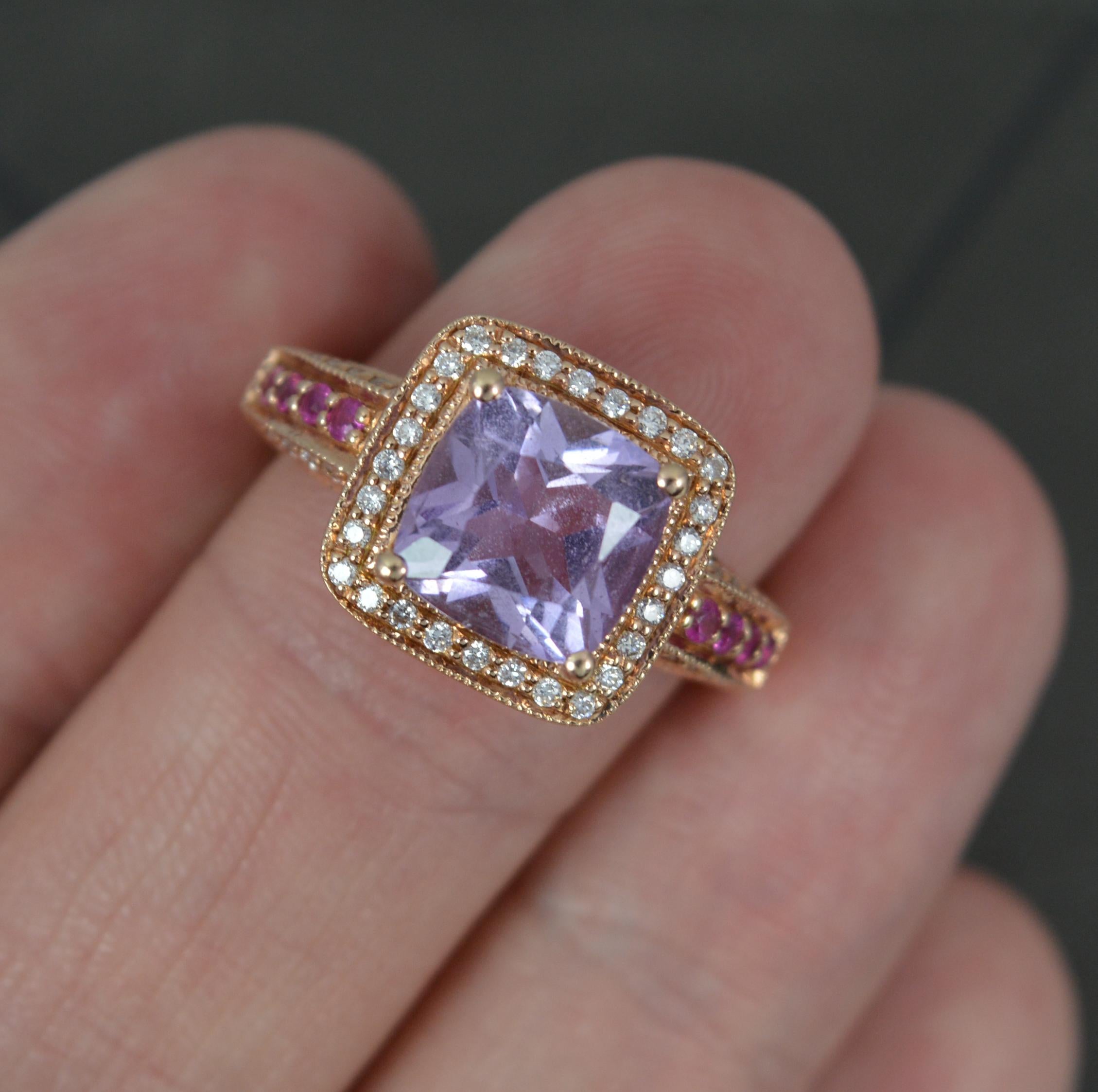 Art Deco Le Vian 14ct Rose Gold Amethyst Diamond and Ruby Cluster Engagement Ring For Sale