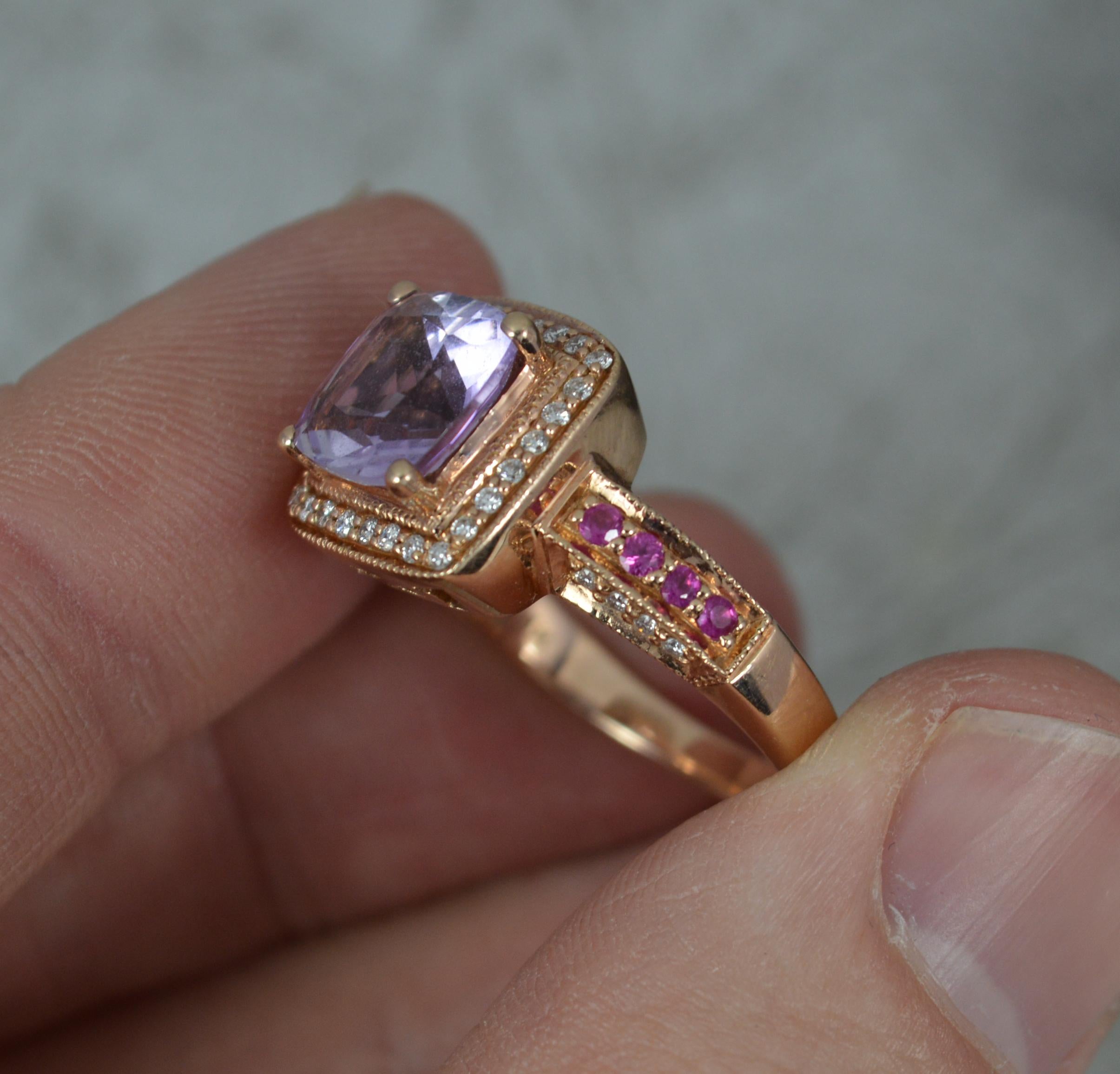 Cushion Cut Le Vian 14ct Rose Gold Amethyst Diamond and Ruby Cluster Engagement Ring For Sale