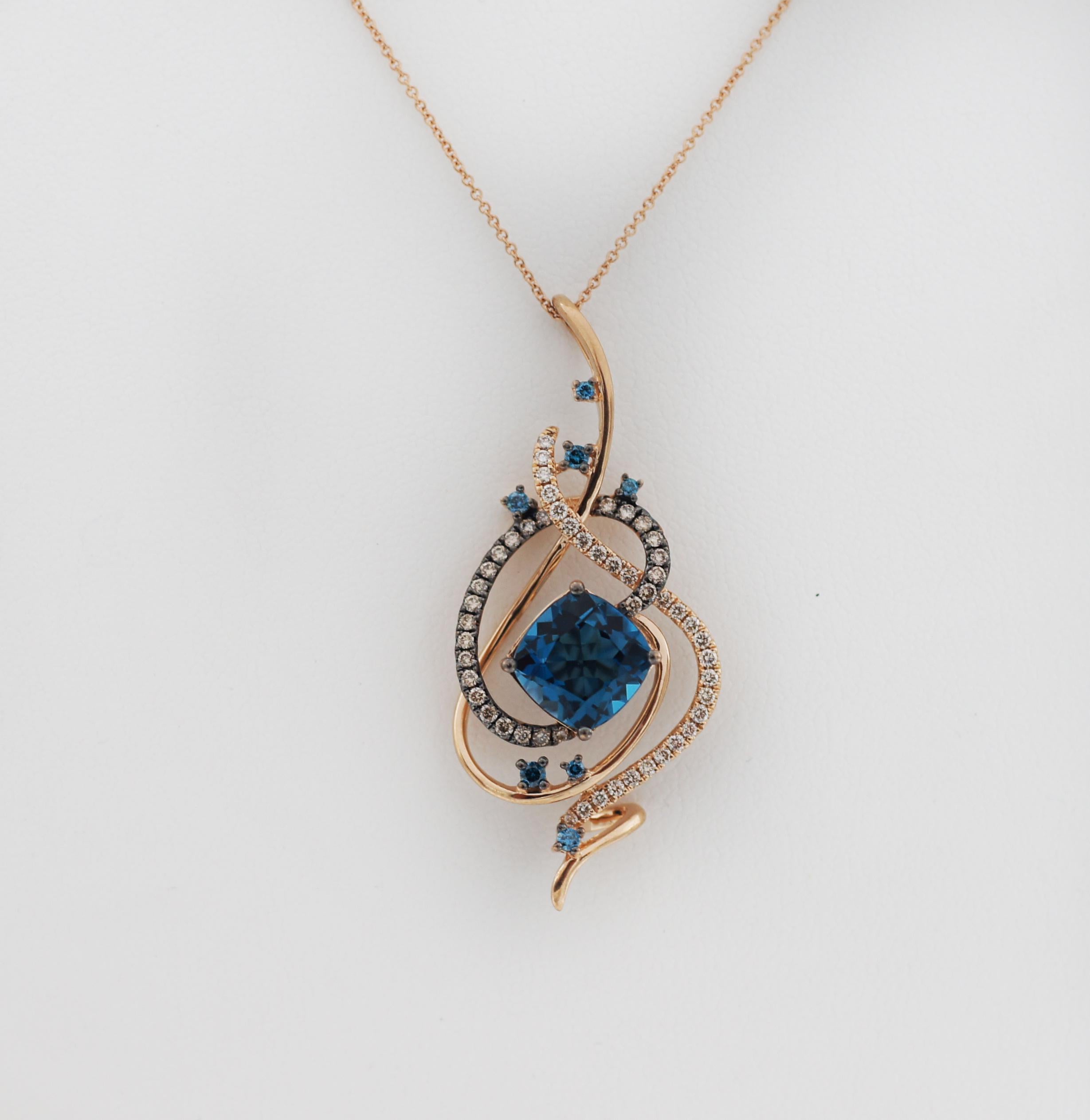 Le Vian
Stunning necklace from the Crazy Collection which inspires breathtaking elegance with the gorgeous rose color and design of this incredible cushion-shape Deep Sea Blue Topaz (Approx. 5-3/8 ct. t.w.) pendant. Necklace executed with artistic