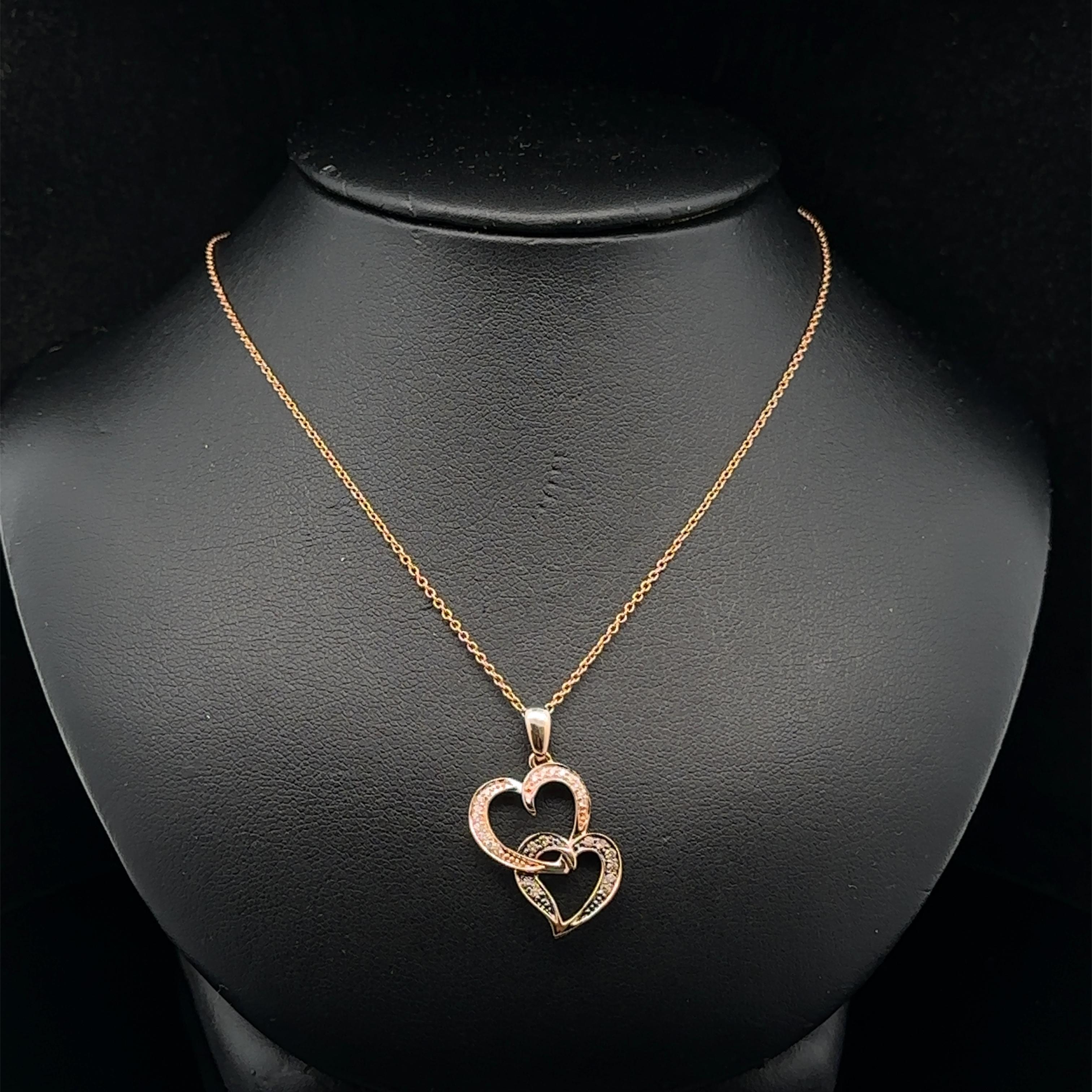 Le Vian 14k Rose Gold Dual Chocolate Diamond Interlocking Heart Pendant Necklace In Excellent Condition For Sale In Montclair, NJ