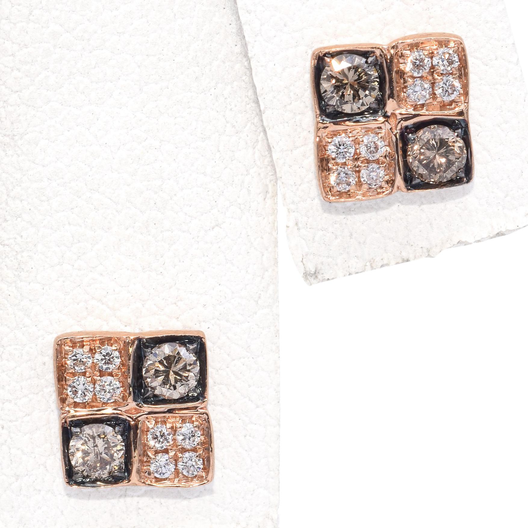 Contemporary Le Vian 14K Rose Gold White and Champagne Diamond Checkerboard Stud Earrings For Sale