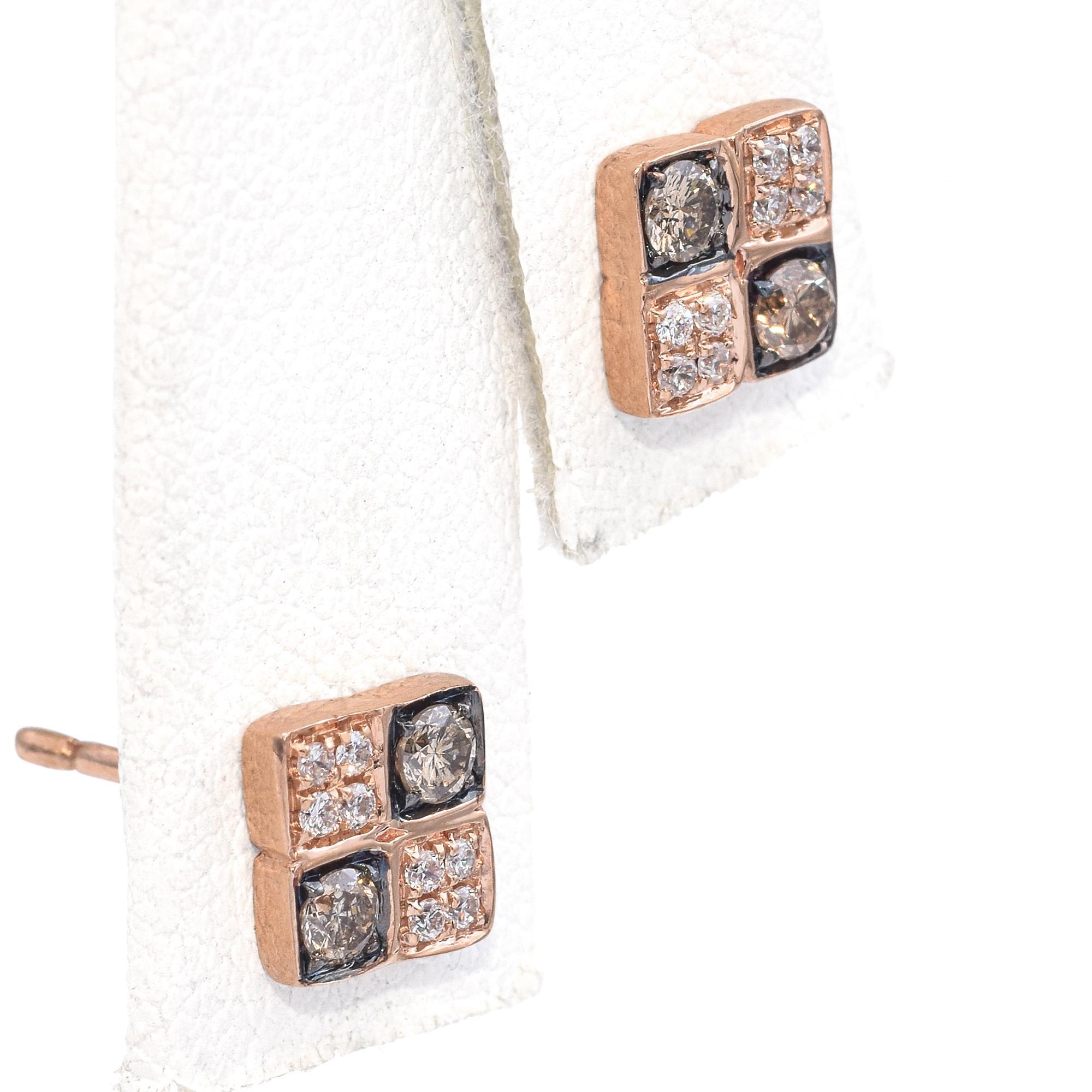 Round Cut Le Vian 14K Rose Gold White and Champagne Diamond Checkerboard Stud Earrings For Sale