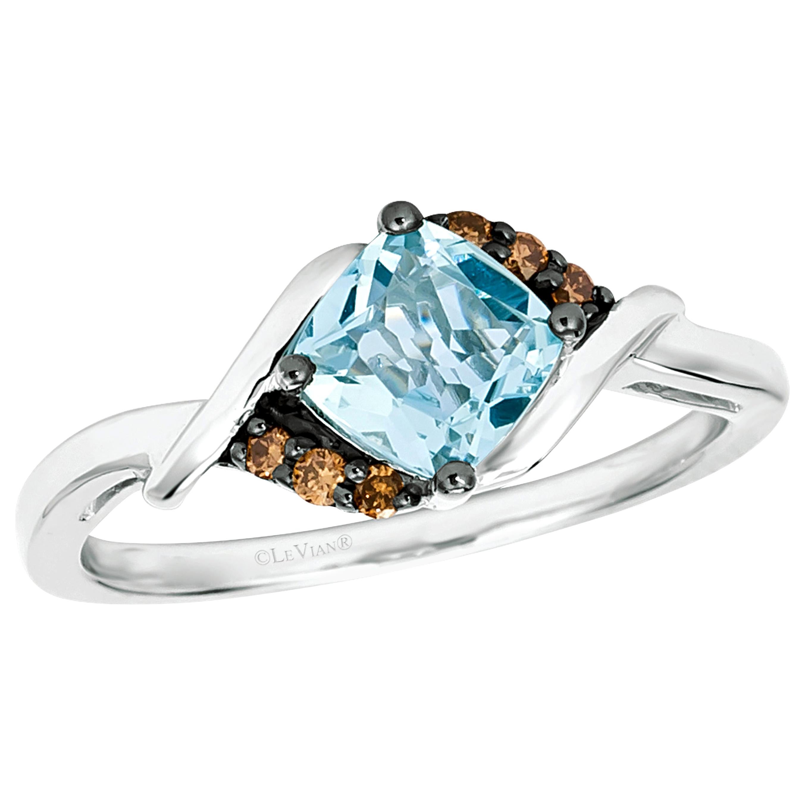 Le Vian 14K White Gold 5/8 Ct Cushion Aquamarine and Brown Diamond Accented Ring