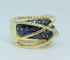 Le Vian 14k Yellow Gold Round Blue Sapphire and Vanilla Diamond Crossover Band