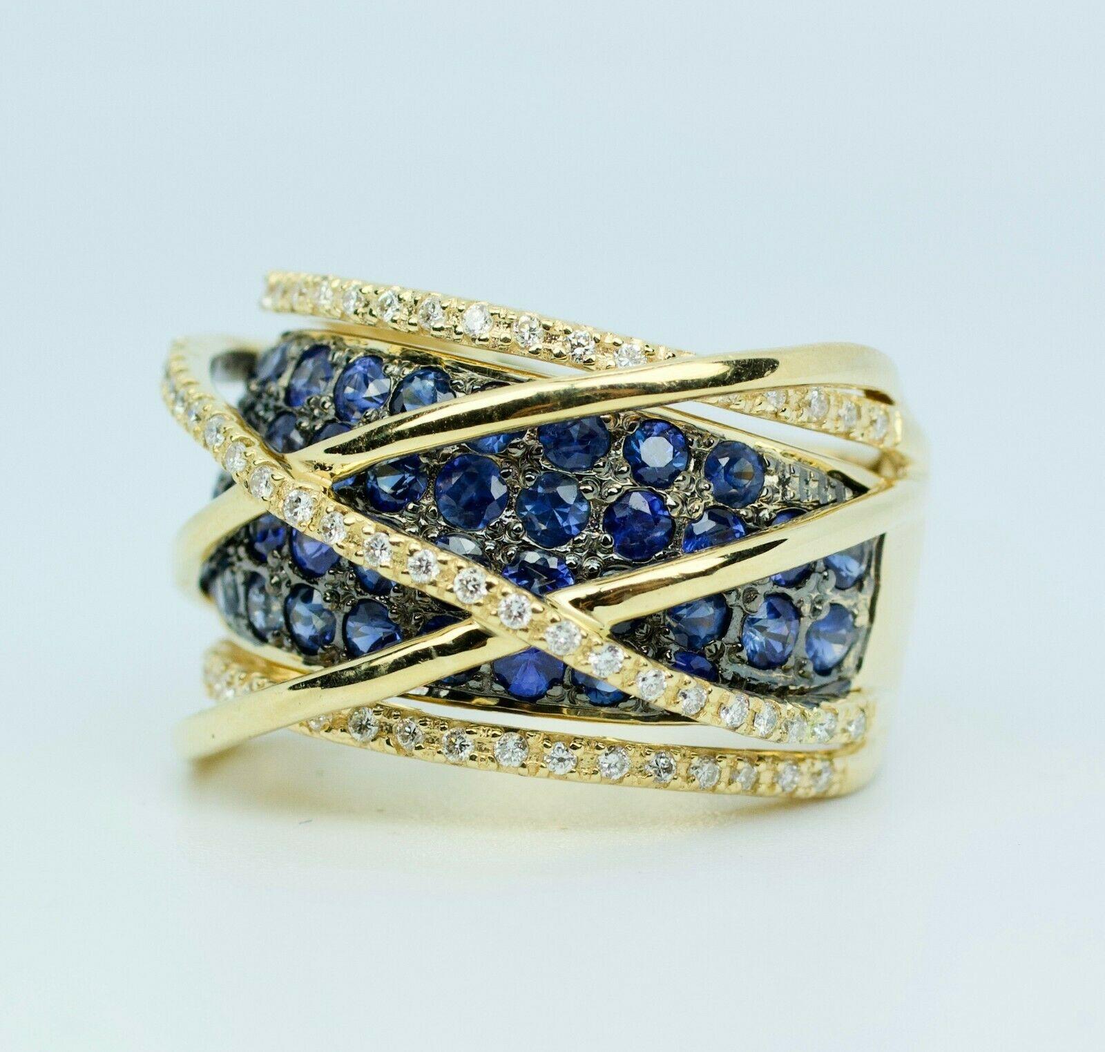 Modern Le Vian 14k Yellow Gold Round Blue Sapphire and Vanilla Diamond Crossover Band