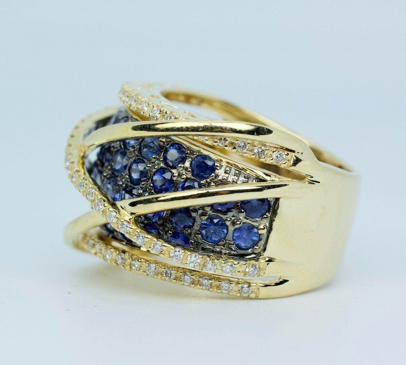 Round Cut Le Vian 14k Yellow Gold Round Blue Sapphire and Vanilla Diamond Crossover Band