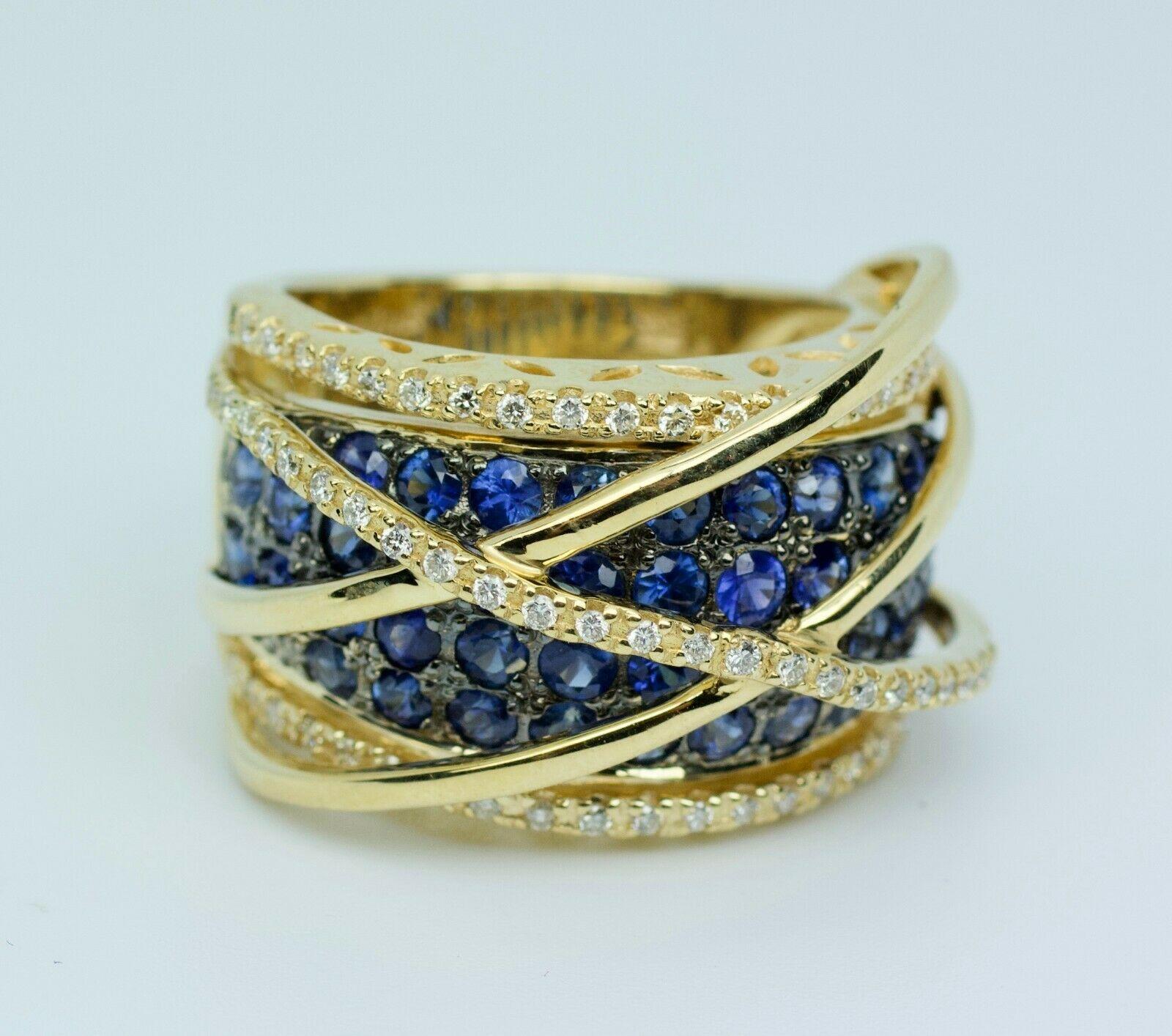 Le Vian 14k Yellow Gold Round Blue Sapphire and Vanilla Diamond Crossover Band 3