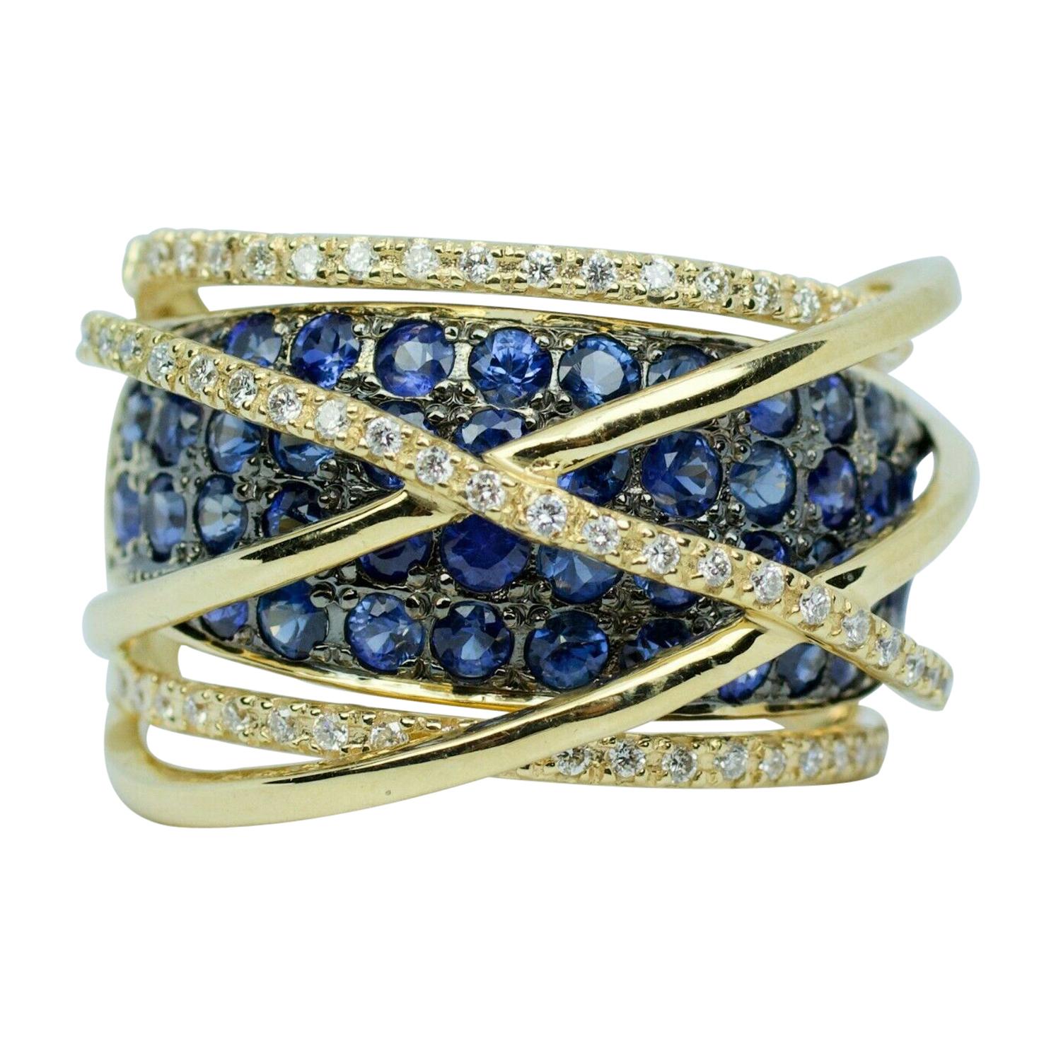 Le Vian 14k Yellow Gold Round Blue Sapphire and Vanilla Diamond Crossover Band