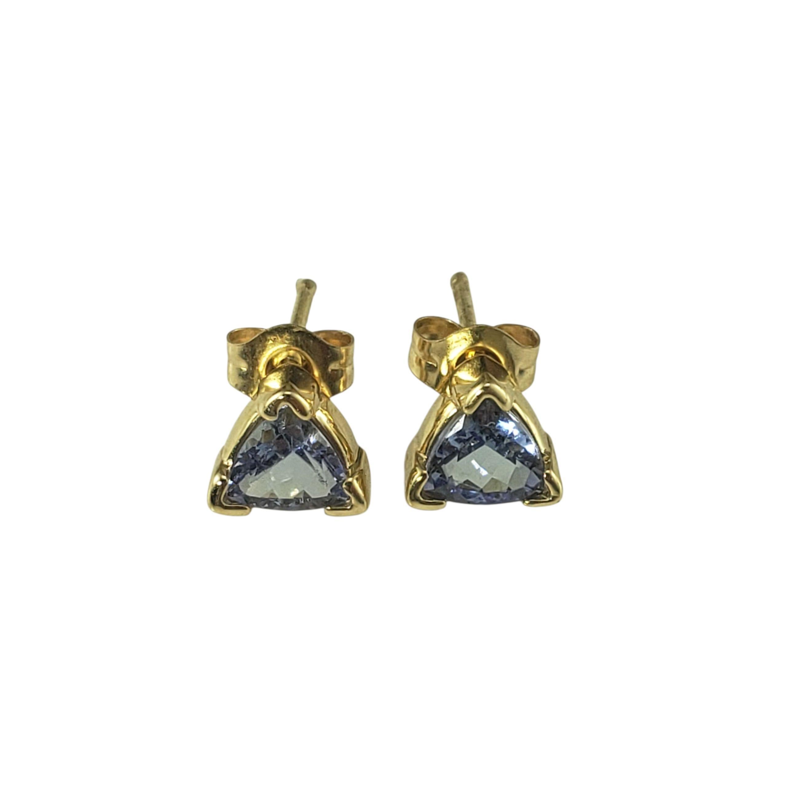 Le Vian 14K Yellow Gold Trillion Cut Tanzanite Stud Earrings-

Elegant and vibrant, these Le Vian stud earrings each feature one trillion cut tanzanite gemstone in a sleek 14K yellow gold setting. The faceted violet-blue stones capture light