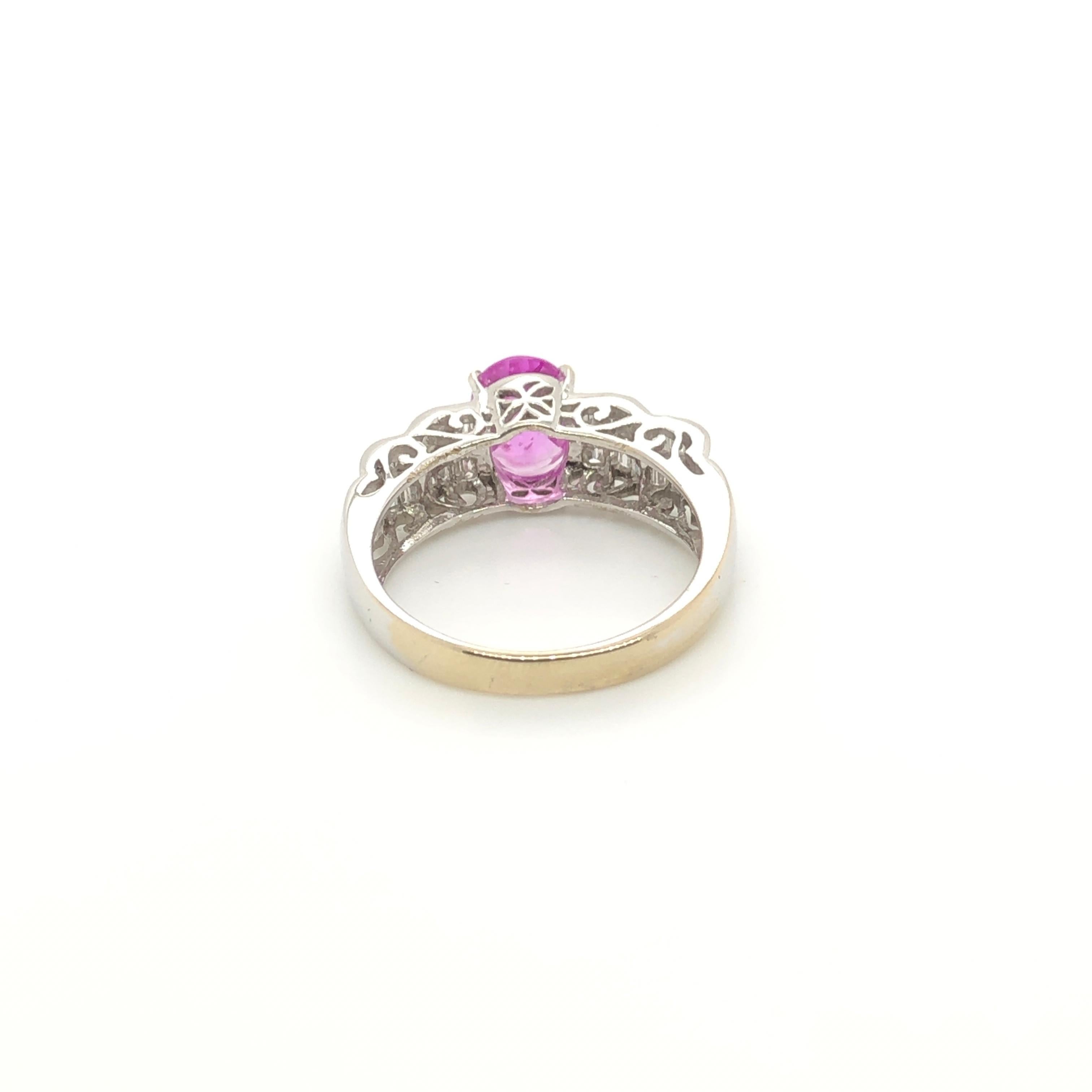 This Le Vian Couture ring in 18k white gold gives new meaning to pretty in pink with its 1-1/2 carat Pink Sapphire center sparkling with 3/8 ct t.w. Vanilla Diamonds.
Ring Size: 6.75