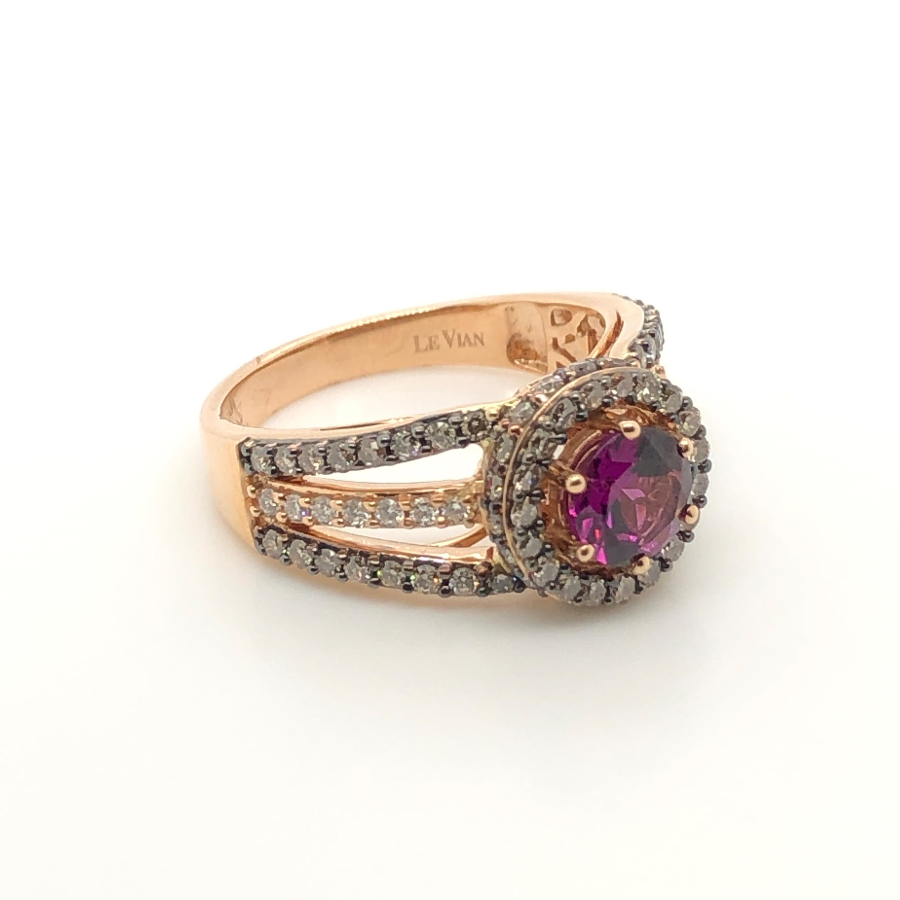 The color of royalty is brilliantly displayed in this 14k rose gold Le Vian Chocolatier ring featuring a 1-carat round Purple garnet nestled within a Chocolate Diamonds halo, banded with Chocolate Diamonds and Vanilla Diamonds. (3/4 ct t.w.