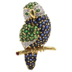 Le Vian 18 Karat Diamond Emerald & Sapphire Bird Pin Brooch Pendant 