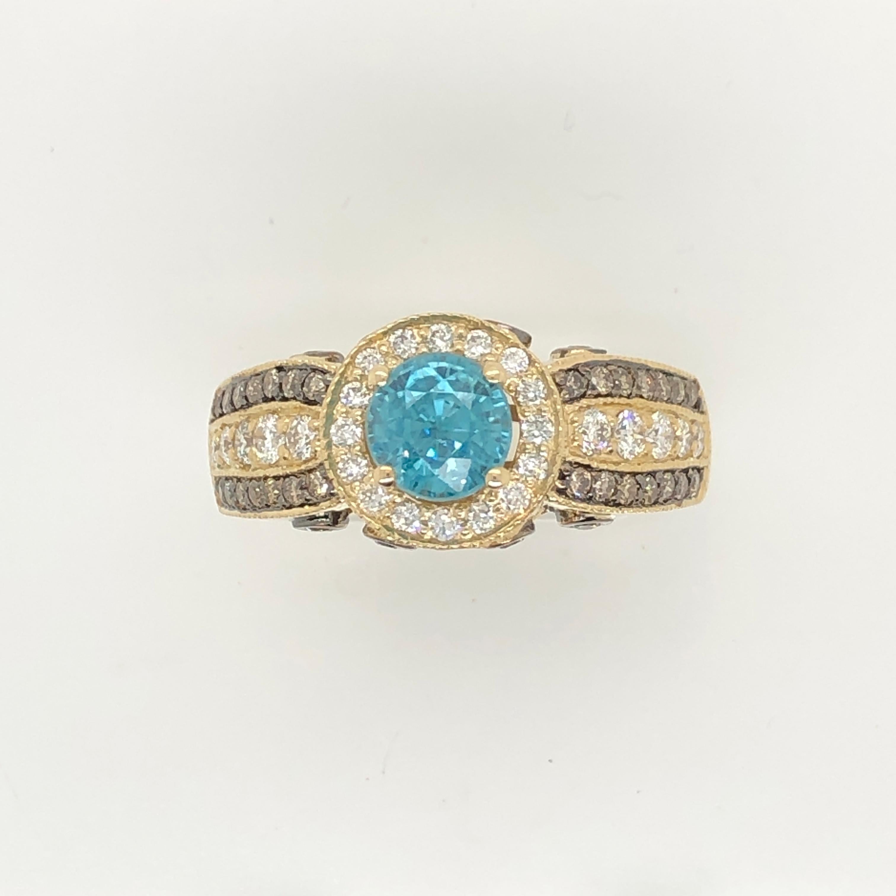 Round Cut Le Vian 1.875 Carat Blue Zircon Yellow Gold Ring For Sale