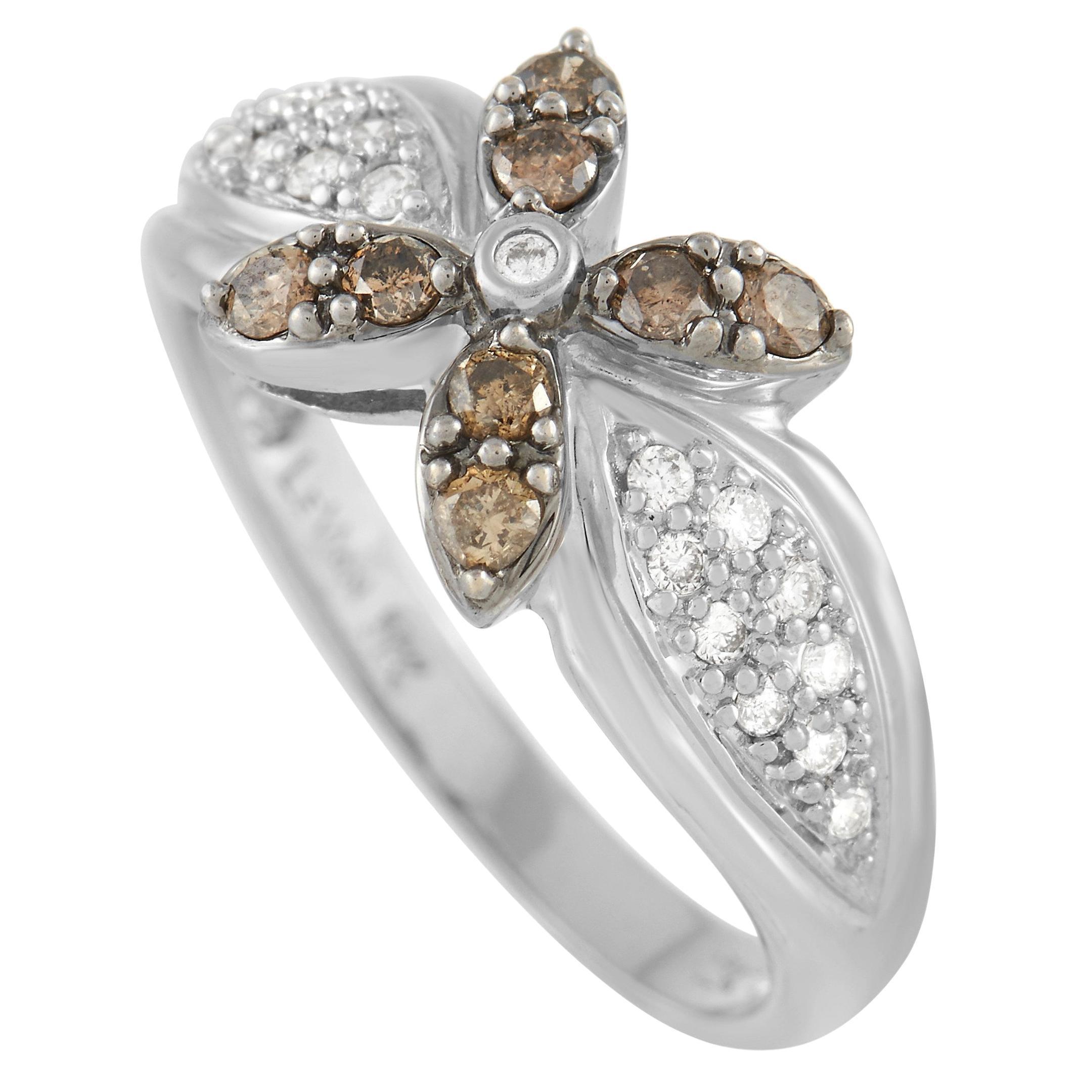 Le Vian 18K White Gold White and Brown Diamond Flower Ring For Sale