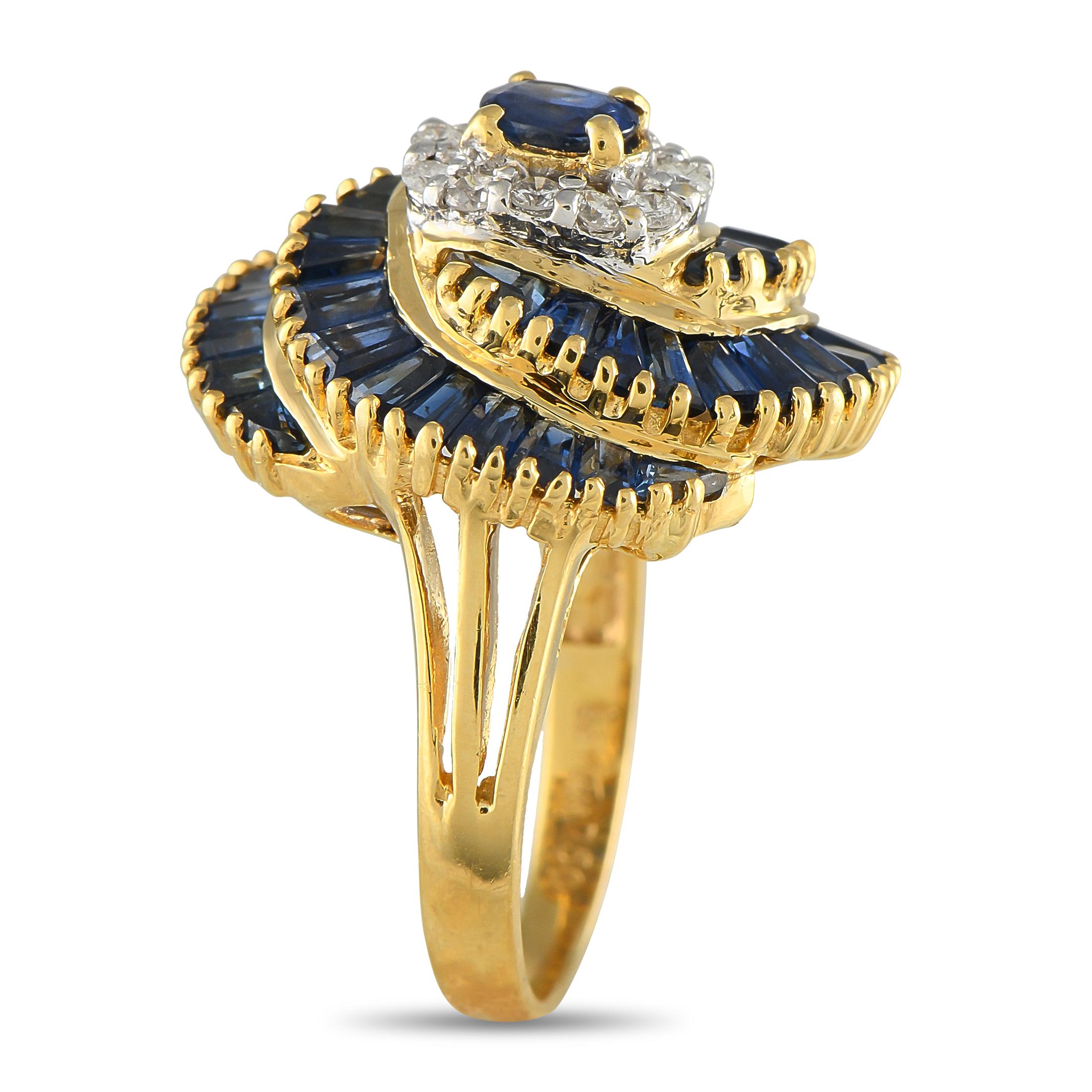 Add color, texture, and movement to any ensemble with this Le Vian ring. The 18K Yellow Gold setting beautifully showcases a stunning array of Sapphire gemstones, which swirl around the sparkling Diamond accents at the center of the design. It