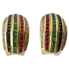 Le Vian 18k Yellow Gold Diamond Emerald Ruby Sapphire Earrings