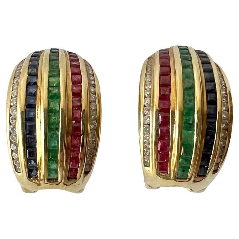 Le Vian 18k Yellow Gold Diamond Emerald Ruby Sapphire Earrings For Sale
