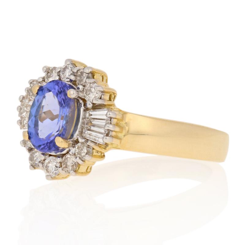 Surprise your princess with the gift of Le Vian jewelry! Majestically crafted in 18k yellow and white gold, this designer ring showcases a silky purple tanzanite framed by a sparkling diamond halo. 

This ring is a size 7, but it can be re-sized up