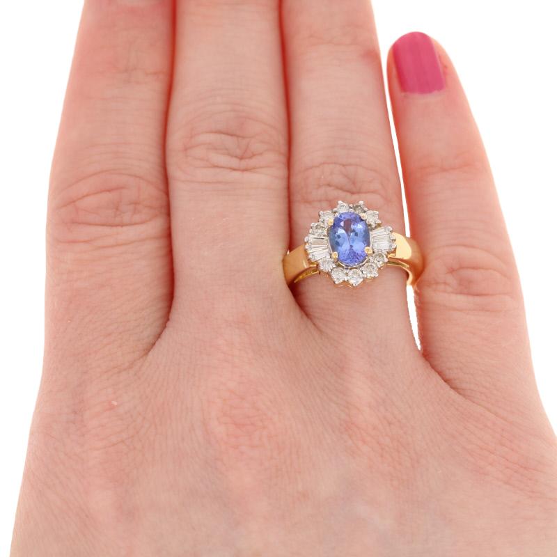 Le Vian 2.20 Carat Oval Cut Tanzanite and Diamond Ring 18 Karat Yellow Gold Halo In Excellent Condition In Greensboro, NC