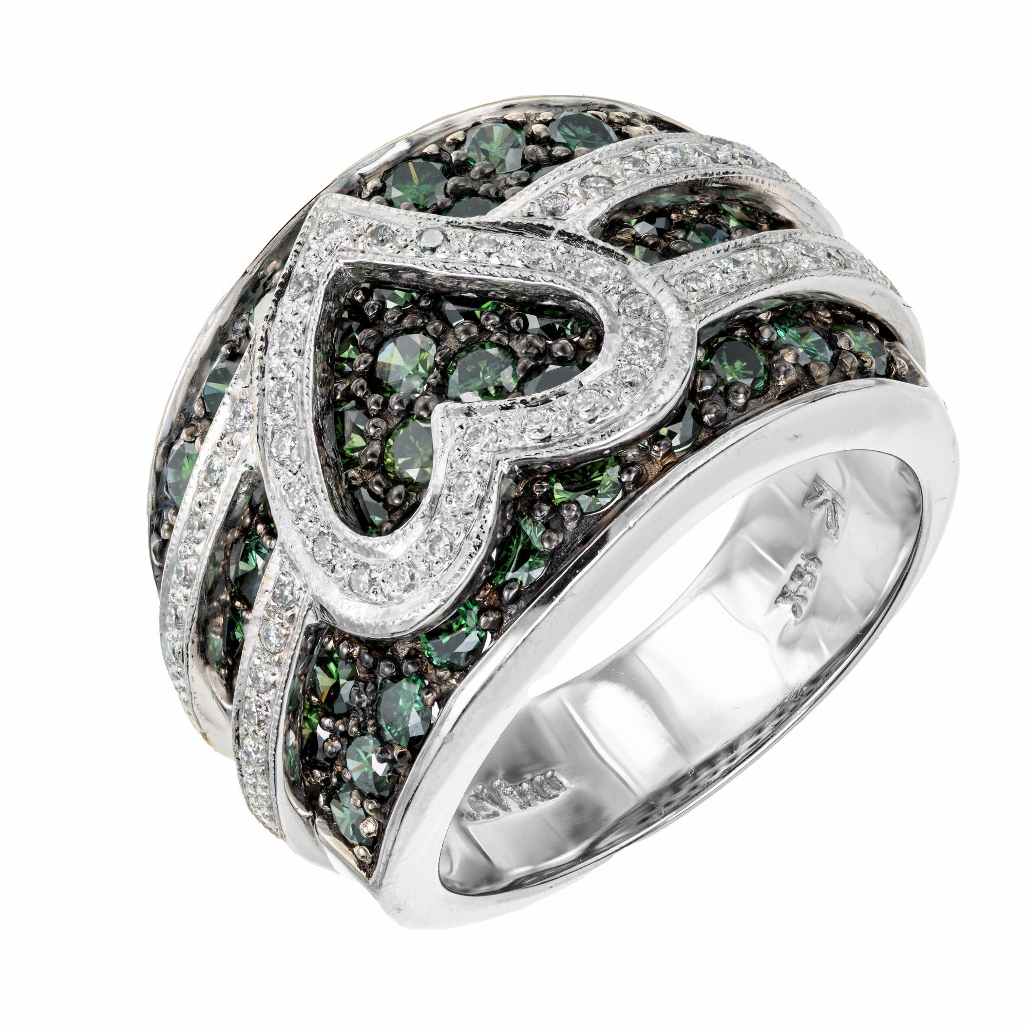 Blue green diamond cocktail ring by Le Vian. Know for their famous distinct, colorful and bold designs, this 18k white gold wide band ring boasts a cluster of 56 round blue green diamonds, approximately totaling 2.50cts., complemented with a heart