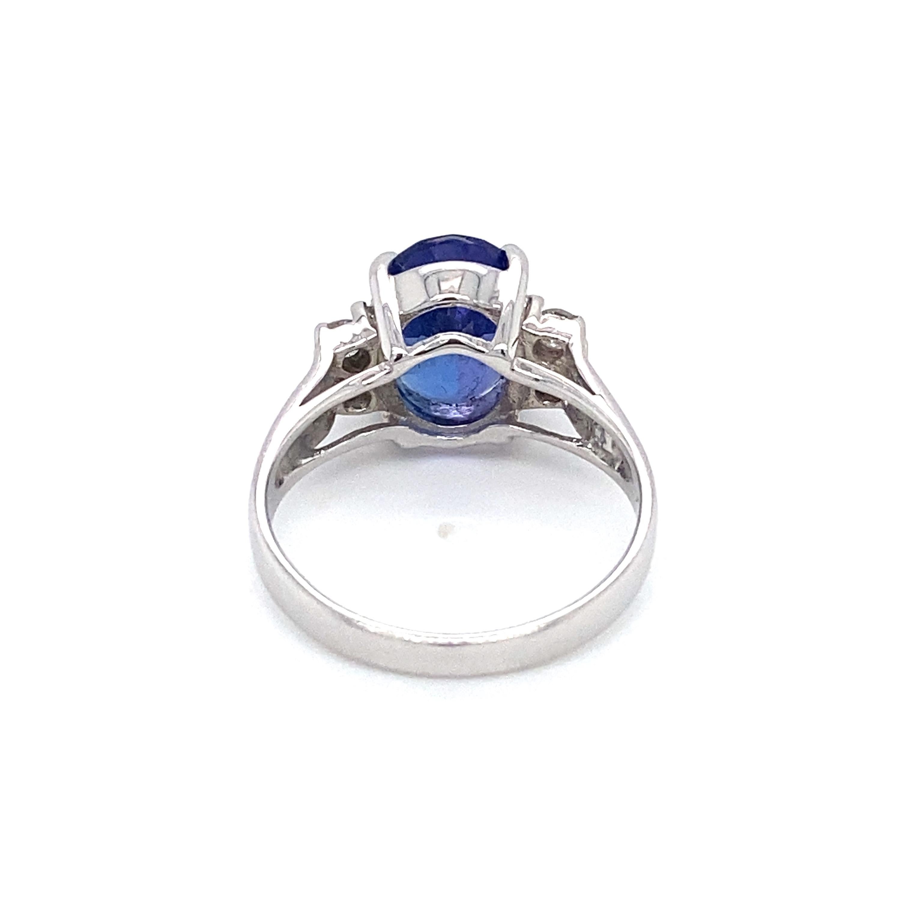 Item Details: This ring by Le Vian has a AAA quality tanzanite with accent diamonds.

Circa: 2000s
Metal Type: 14 Karat White Gold 
Weight: 3.8g
Size: US 6.75, resizable

Diamond Details:

Carat: 0.10 carat total weight
Cut: Round
Color: G
Clarity: