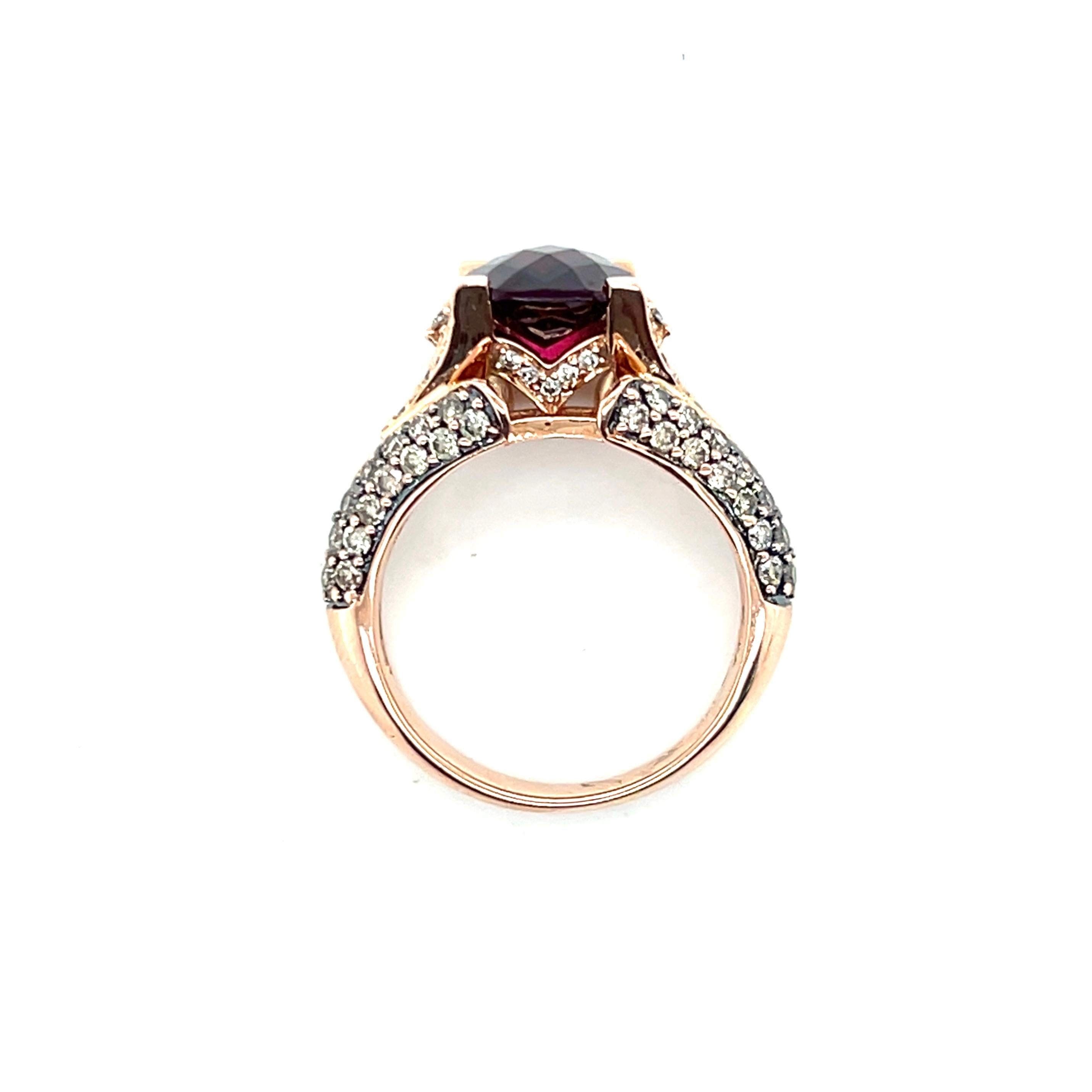 Cushion Cut Le Vian 3.45 Carat Rhodolite Garnet Diamond 14k Rose Gold Statement Ring For Sale